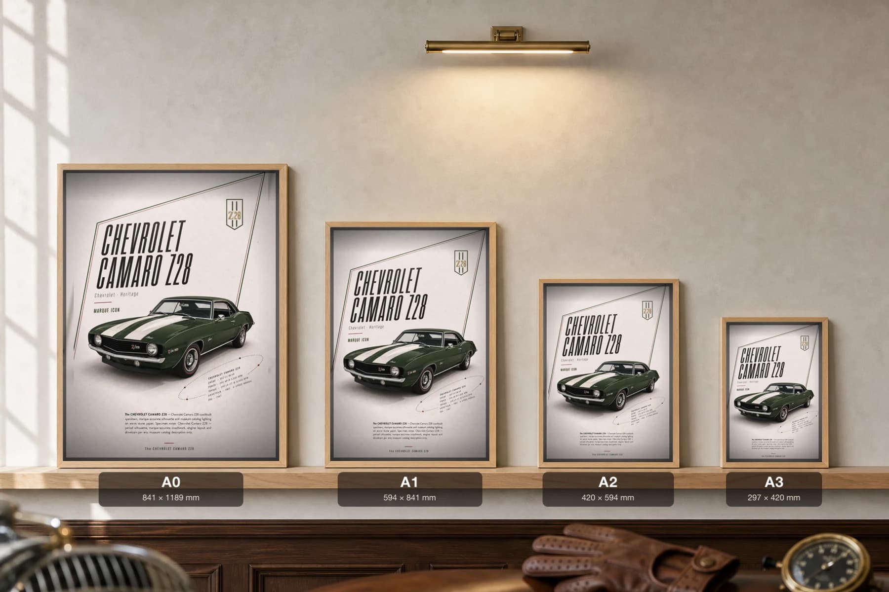 Chevrolet Camaro Z/28 Poster — 1969 Rallye Green muscle car wall art · framed A2 · garage decor — print size guide showing the artwork at A0, A1, A2 and A3 in natural-oak frames at true relative scale