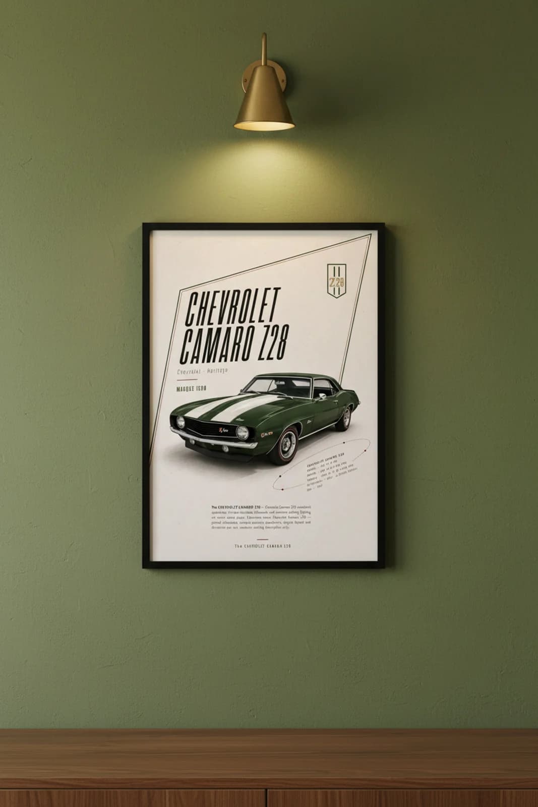 Camaro Z/28 poster in black A2 frame on rallye-green lime-wash wall — Heritage Icons collector lounge mockup