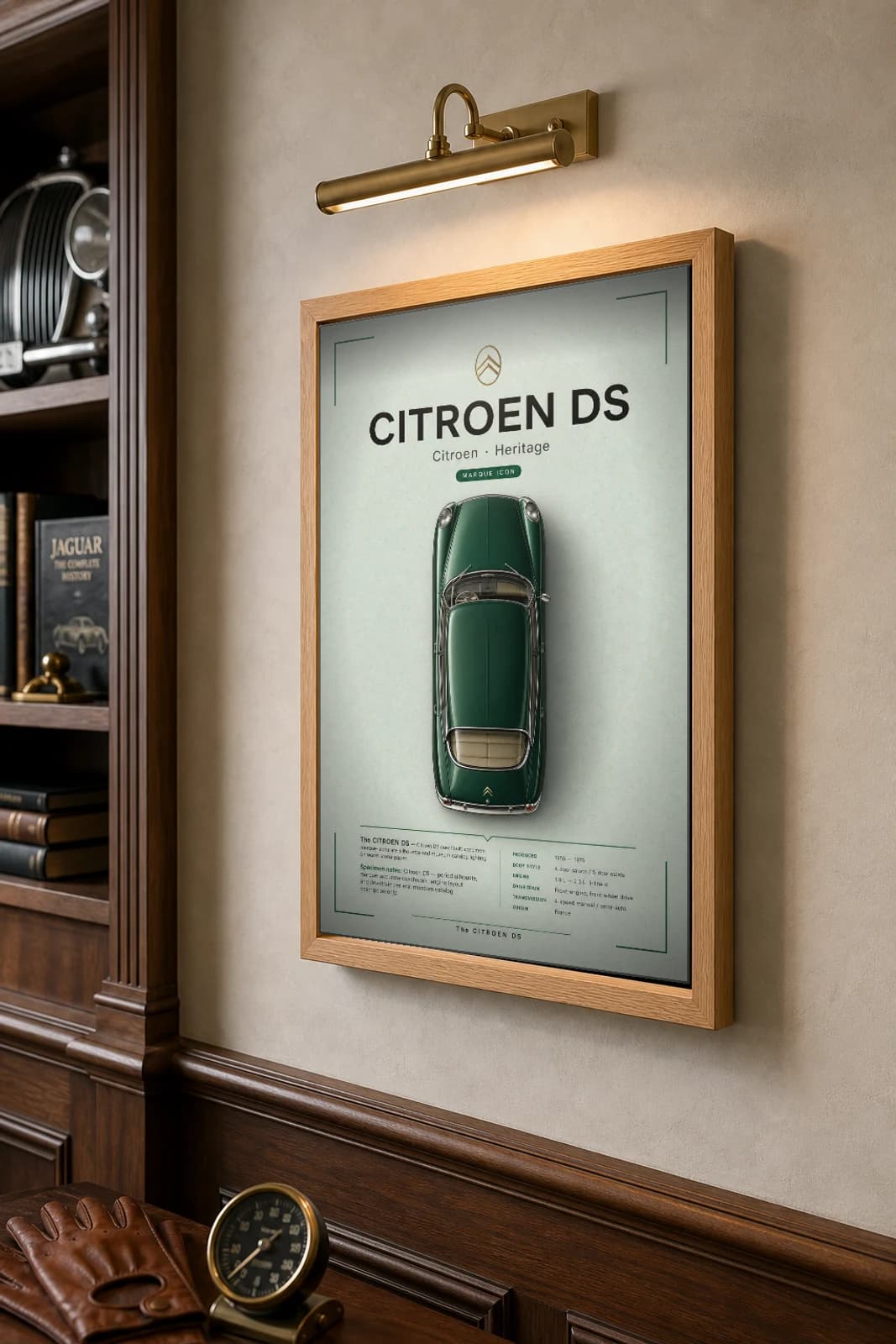 Citroën DS Poster — 1955 plan-view wall art · framed A2 · design classic decor — the framed print shown at a three-quarter angle on a styled gallery wall in a natural-oak frame