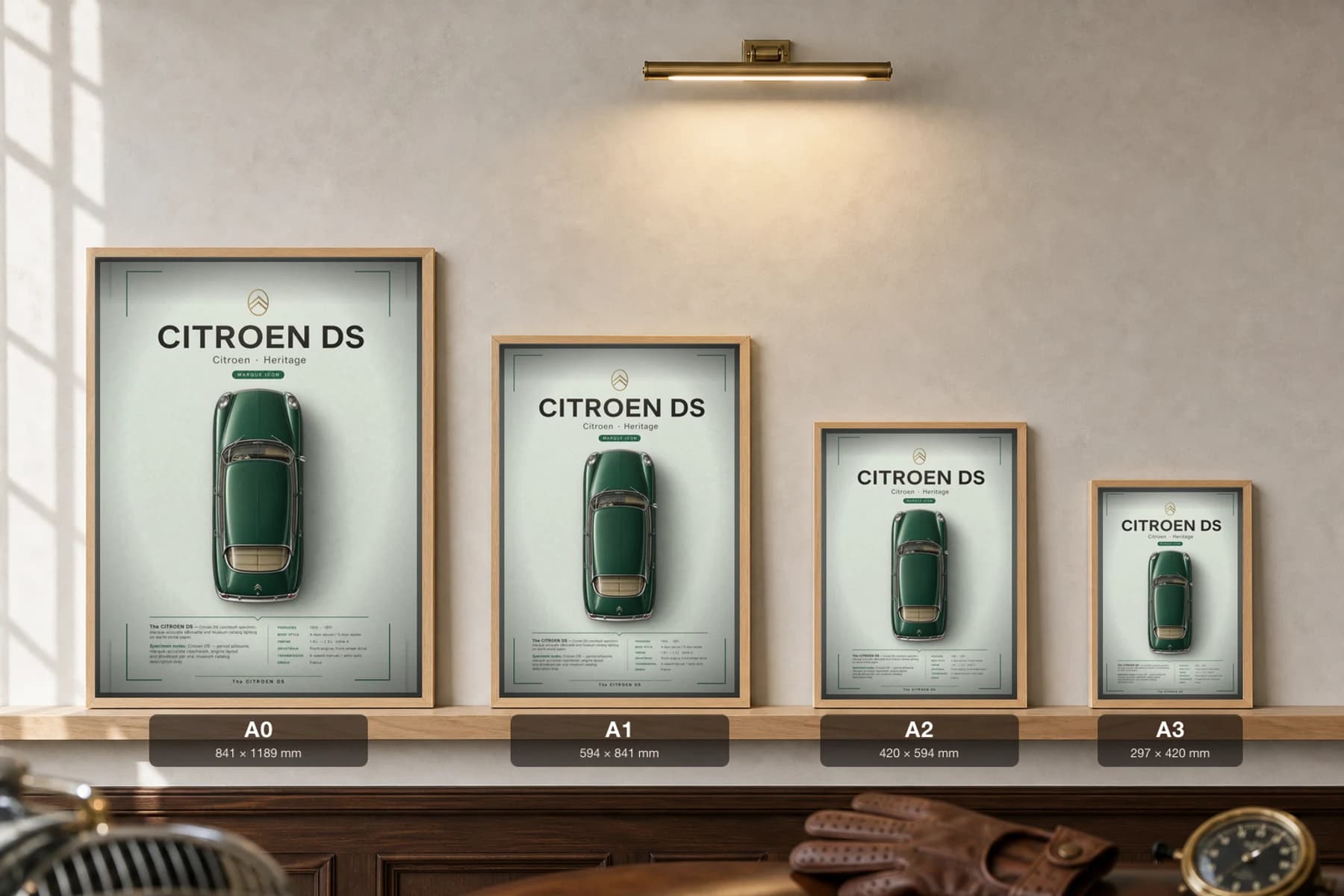 Citroën DS Poster — 1955 plan-view wall art · framed A2 · design classic decor — print size guide showing the artwork at A0, A1, A2 and A3 in natural-oak frames at true relative scale