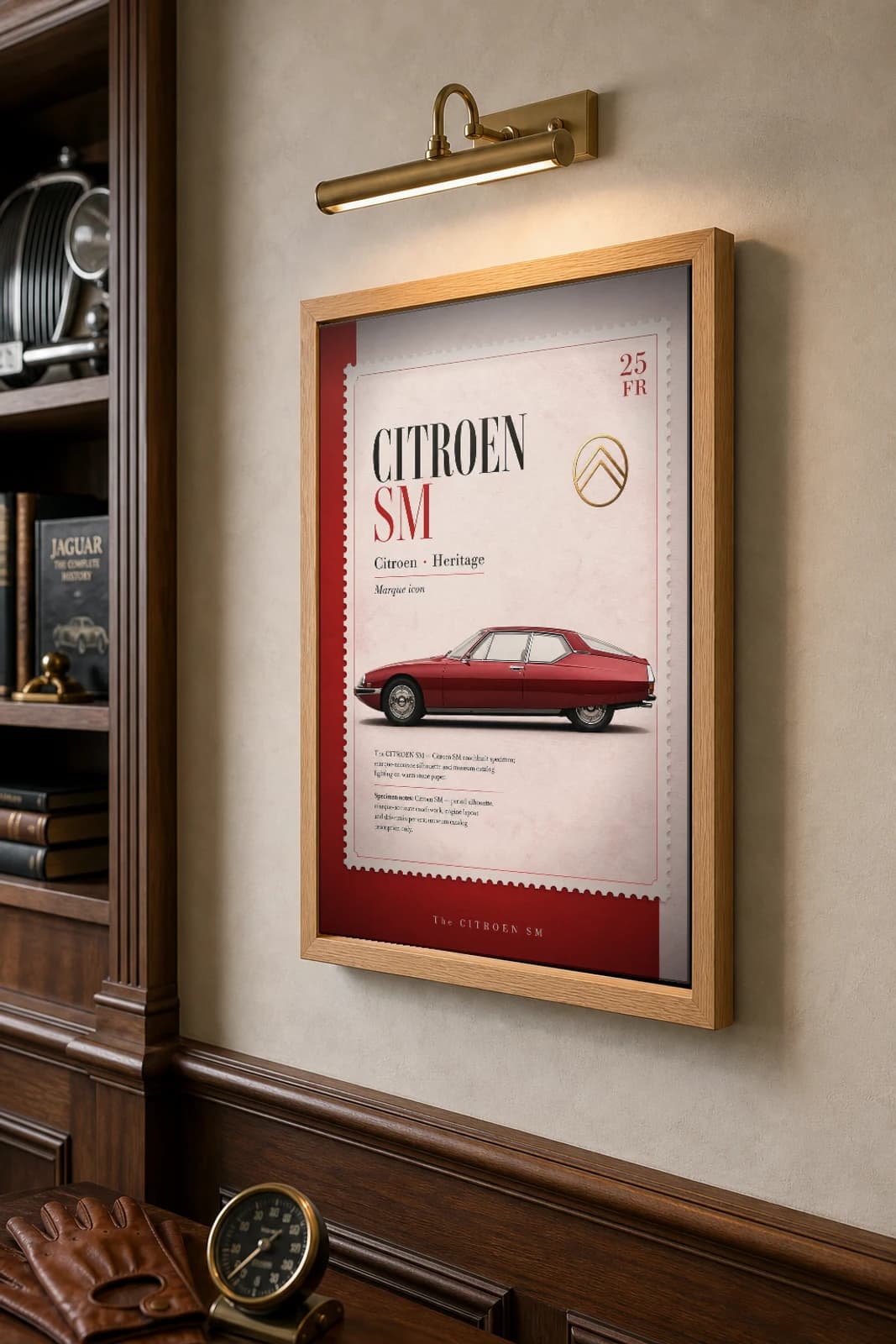 Citroën SM Poster — 1970 Franco-Maserati grand tourer wall art · framed A2 · design classic decor — the framed print shown at a three-quarter angle on a styled gallery wall in a natural-oak frame
