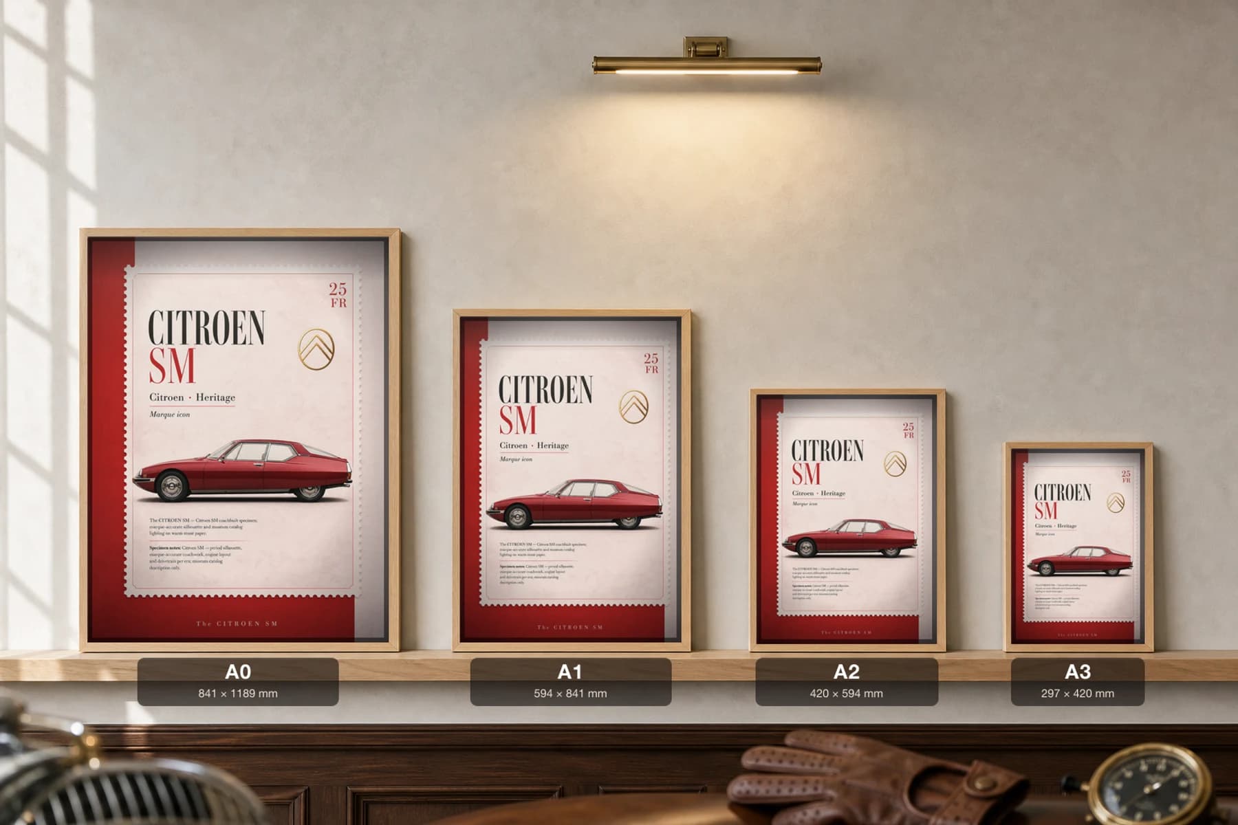 Citroën SM Poster — 1970 Franco-Maserati grand tourer wall art · framed A2 · design classic decor — print size guide showing the artwork at A0, A1, A2 and A3 in natural-oak frames at true relative scale