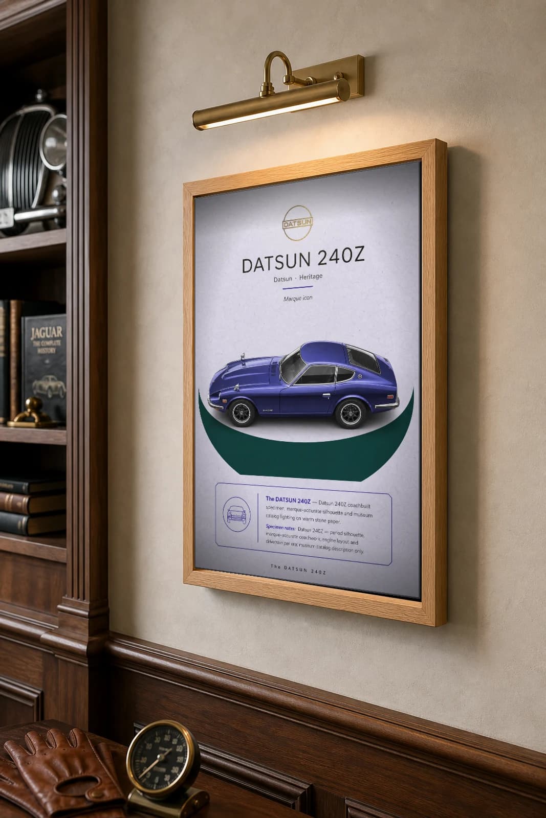 Datsun 240Z Poster — 1969 Japanese sports car wall art · framed A2 · garage decor — the framed print shown at a three-quarter angle on a styled gallery wall in a natural-oak frame
