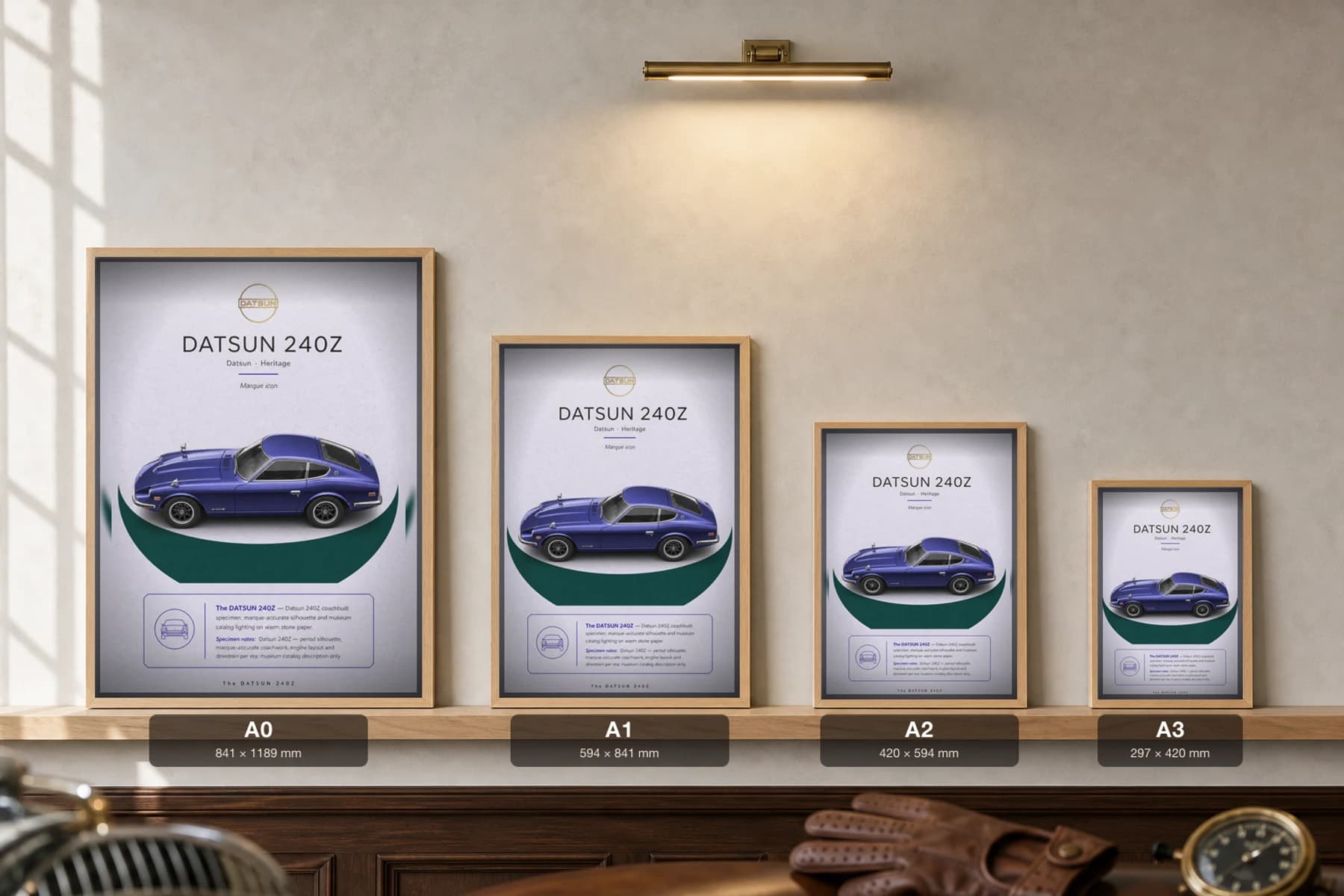 Datsun 240Z Poster — 1969 Japanese sports car wall art · framed A2 · garage decor — print size guide showing the artwork at A0, A1, A2 and A3 in natural-oak frames at true relative scale