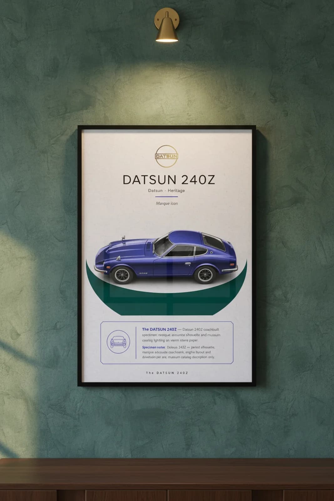 240Z poster in black A2 frame on dark-teal-arc lime-wash wall — Heritage Icons collector lounge mockup