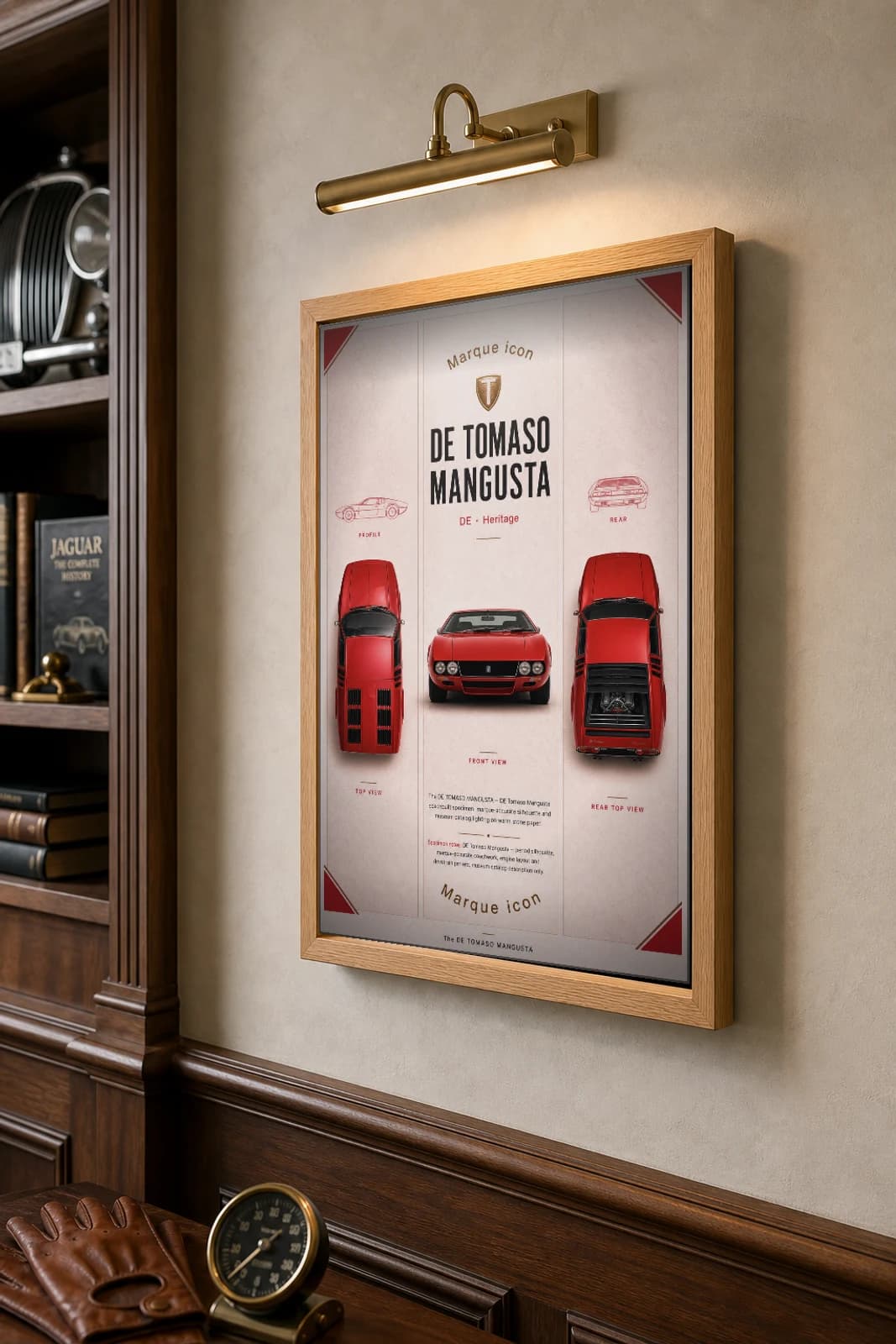 De Tomaso Mangusta Poster — 1967 mid-engine Italian sports car wall art · framed A2 · collector decor — the framed print shown at a three-quarter angle on a styled gallery wall in a natural-oak frame