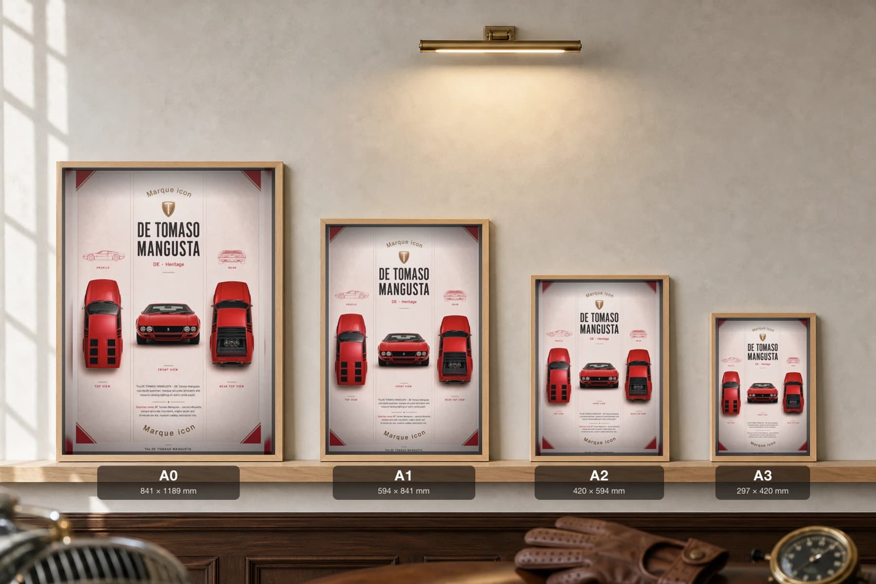 De Tomaso Mangusta Poster — 1967 mid-engine Italian sports car wall art · framed A2 · collector decor — print size guide showing the artwork at A0, A1, A2 and A3 in natural-oak frames at true relative scale