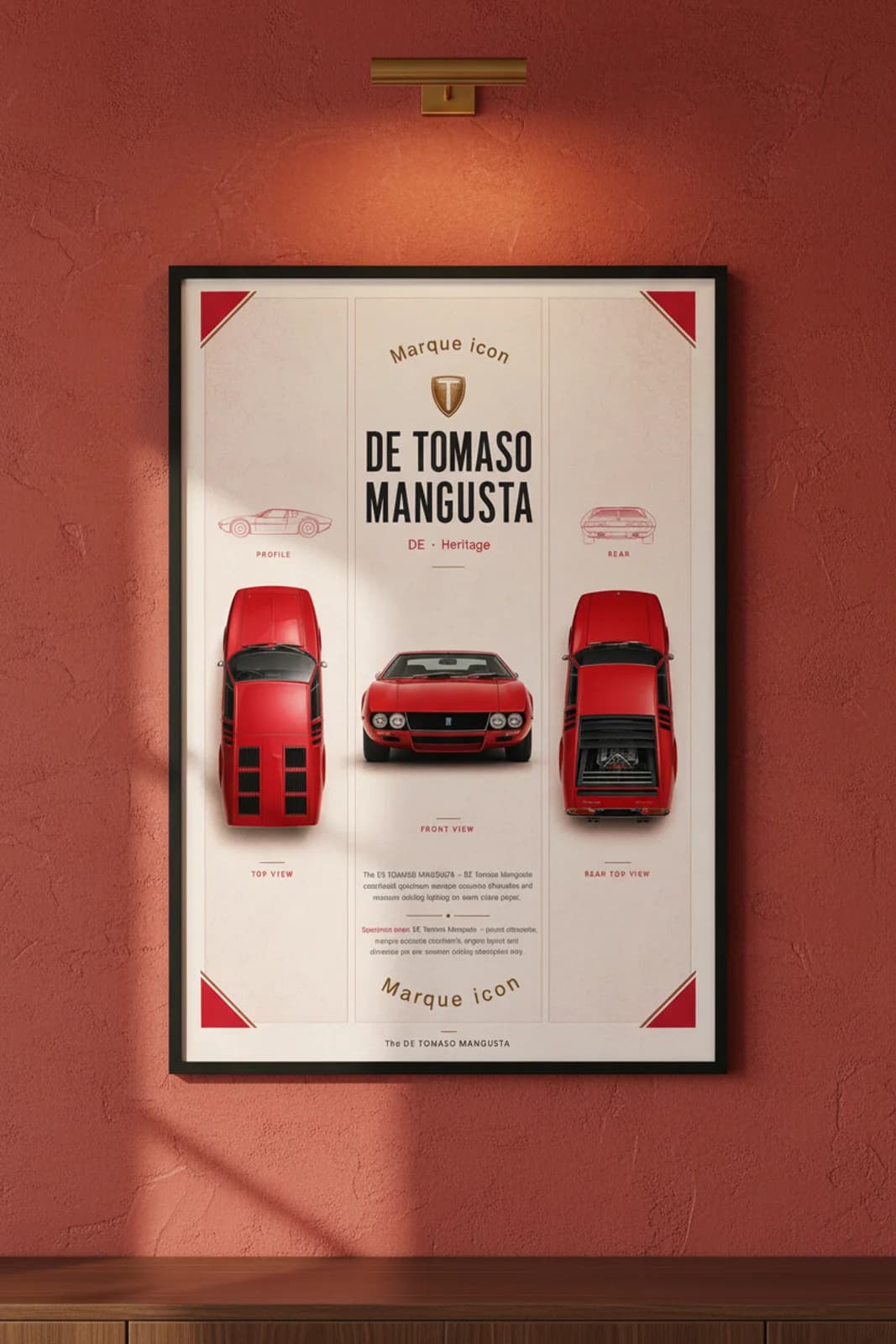 Mangusta poster in black A2 frame on rosso-red lime-wash wall — Heritage Icons collector lounge mockup