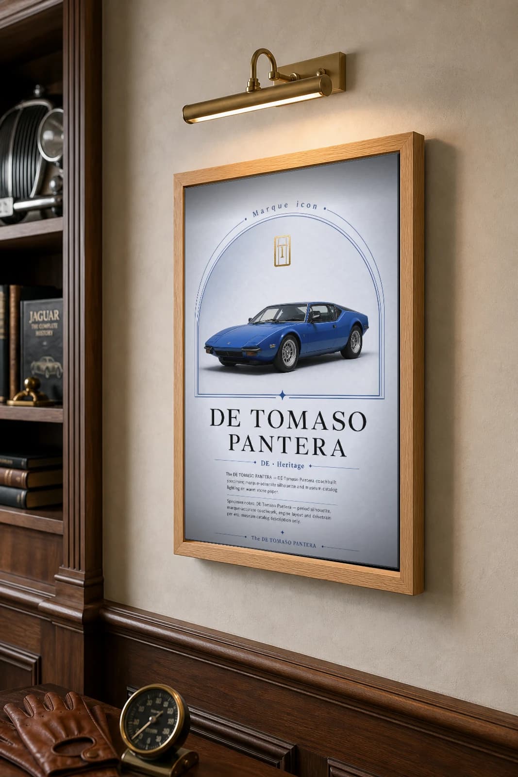 De Tomaso Pantera Poster — 1971 Italian-American mid-engine supercar wall art · framed A2 · collector decor — the framed print shown at a three-quarter angle on a styled gallery wall in a natural-oak frame
