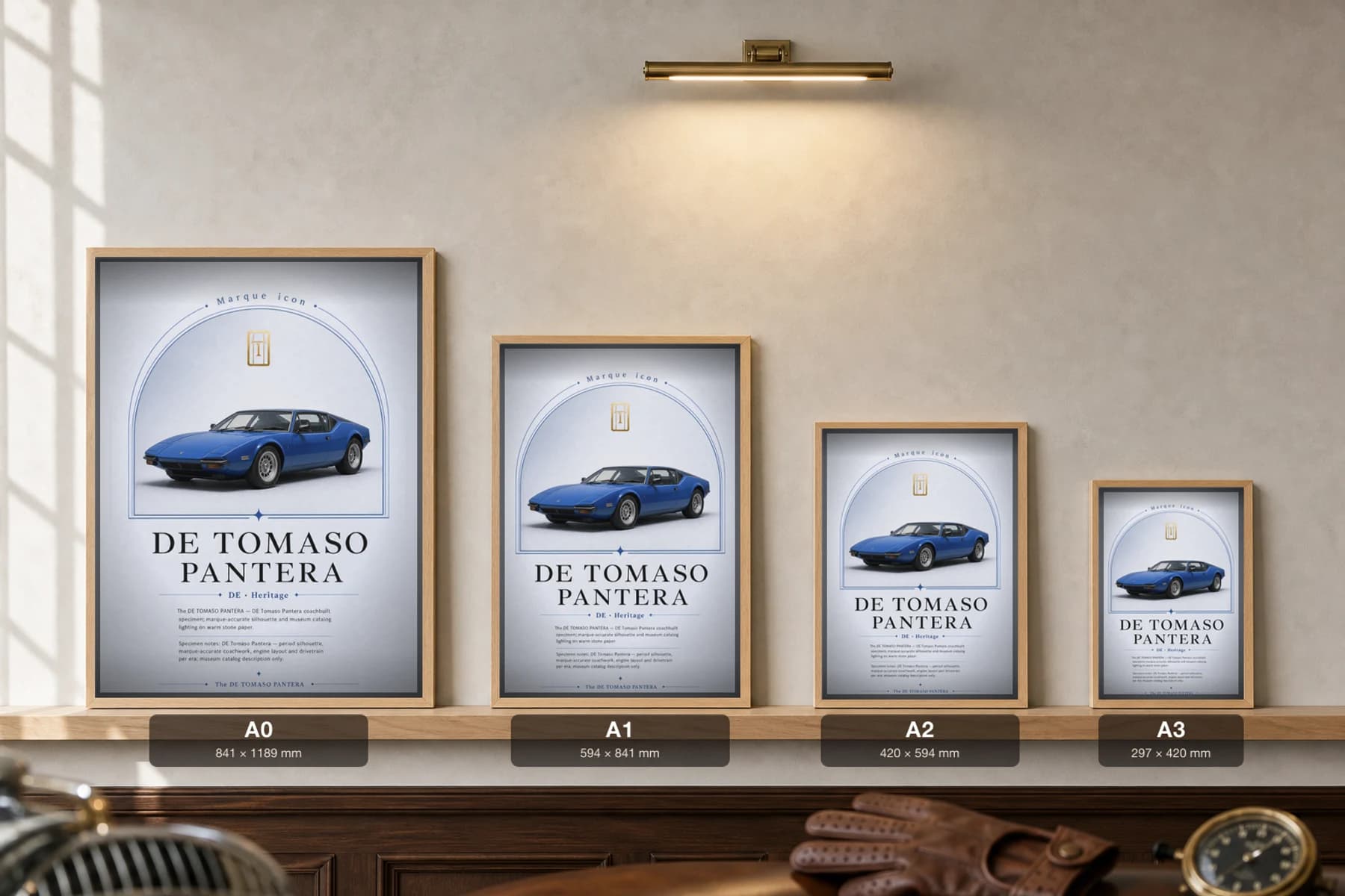 De Tomaso Pantera Poster — 1971 Italian-American mid-engine supercar wall art · framed A2 · collector decor — print size guide showing the artwork at A0, A1, A2 and A3 in natural-oak frames at true relative scale