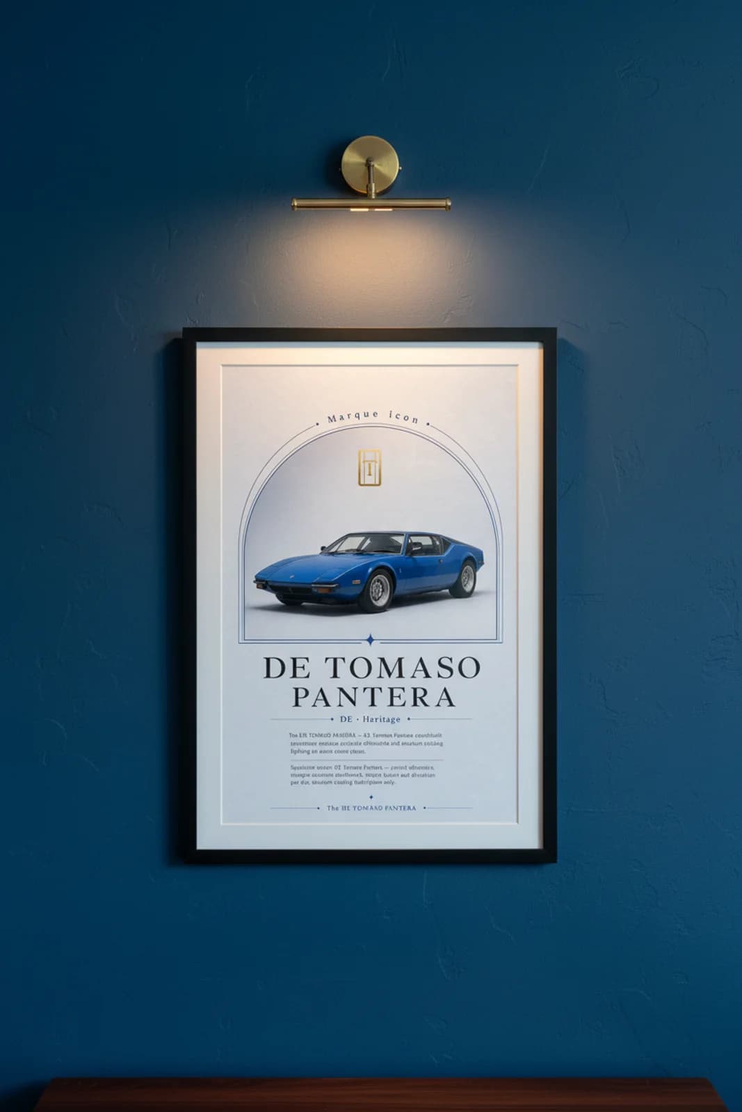 Pantera poster in black A2 frame on cobalt-electric-blue lime-wash wall — Heritage Icons collector lounge mockup