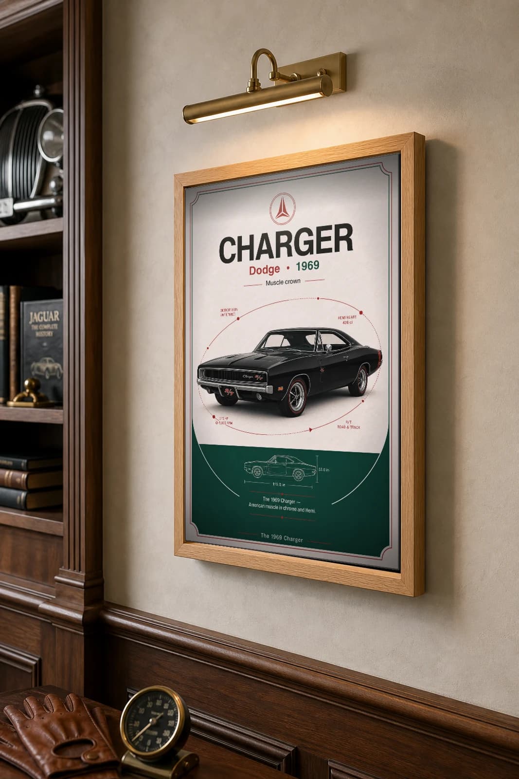 Dodge Charger 1969 Poster — 426 Hemi R/T muscle car wall art · framed A2 · garage decor — the framed print shown at a three-quarter angle on a styled gallery wall in a natural-oak frame