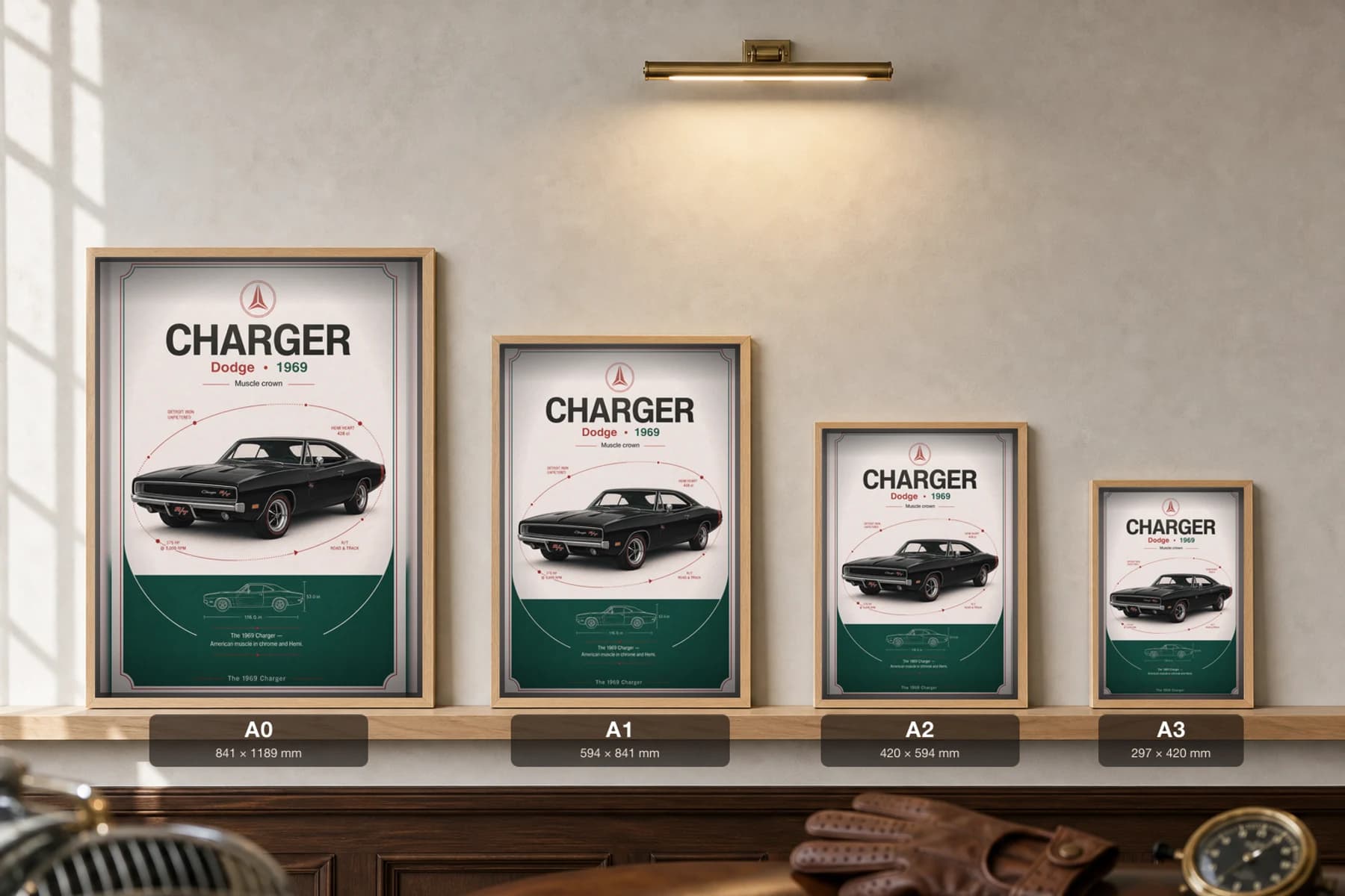 Dodge Charger 1969 Poster — 426 Hemi R/T muscle car wall art · framed A2 · garage decor — print size guide showing the artwork at A0, A1, A2 and A3 in natural-oak frames at true relative scale