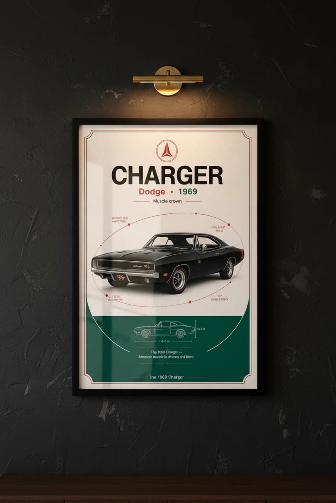 Charger R/T poster in black A2 frame on jet-black lime-wash wall — Heritage Icons collector lounge mockup