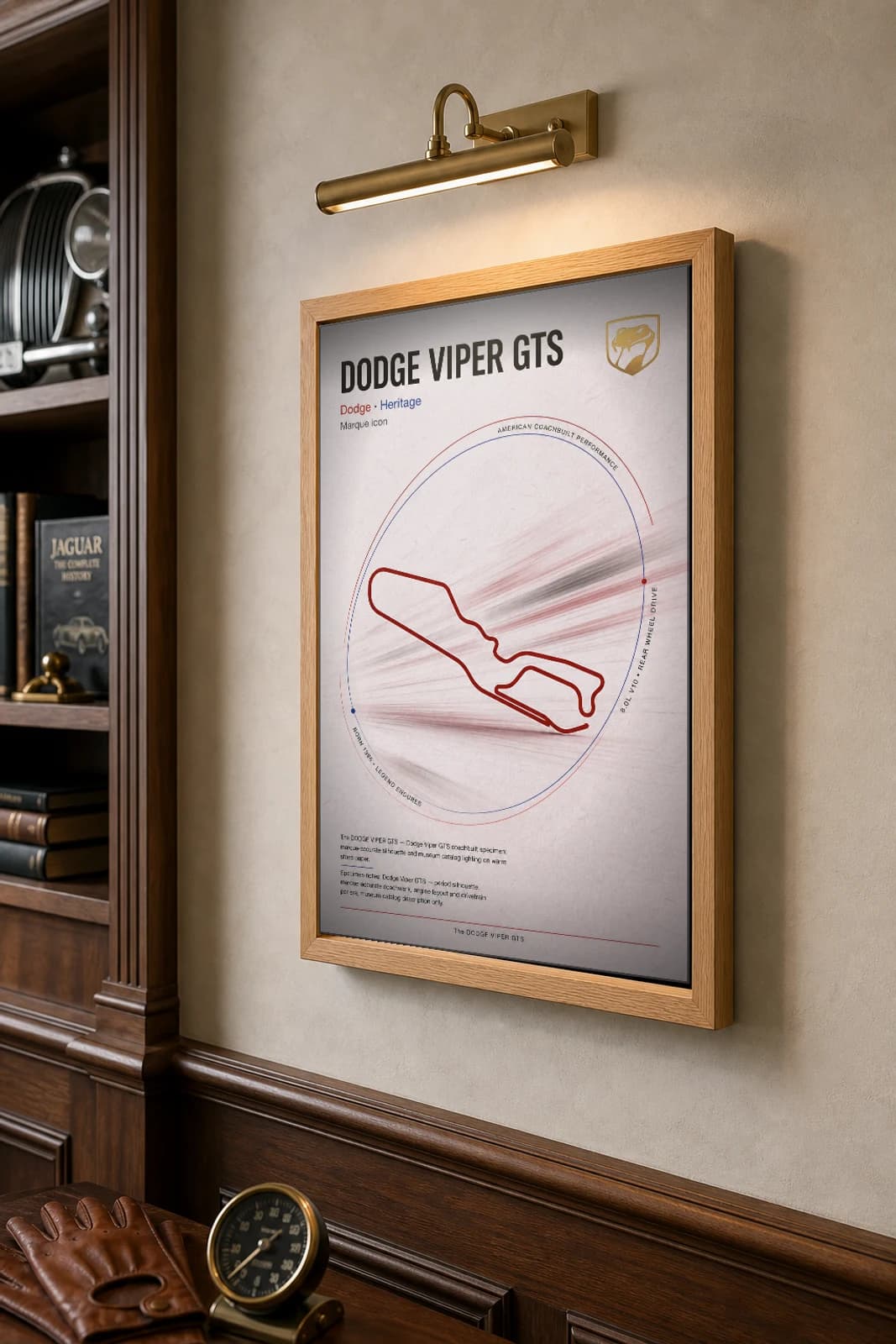 Dodge Viper GTS 1996 Poster — 8.0L V10 coachbuilt supercar wall art · framed A2 · garage decor — the framed print shown at a three-quarter angle on a styled gallery wall in a natural-oak frame