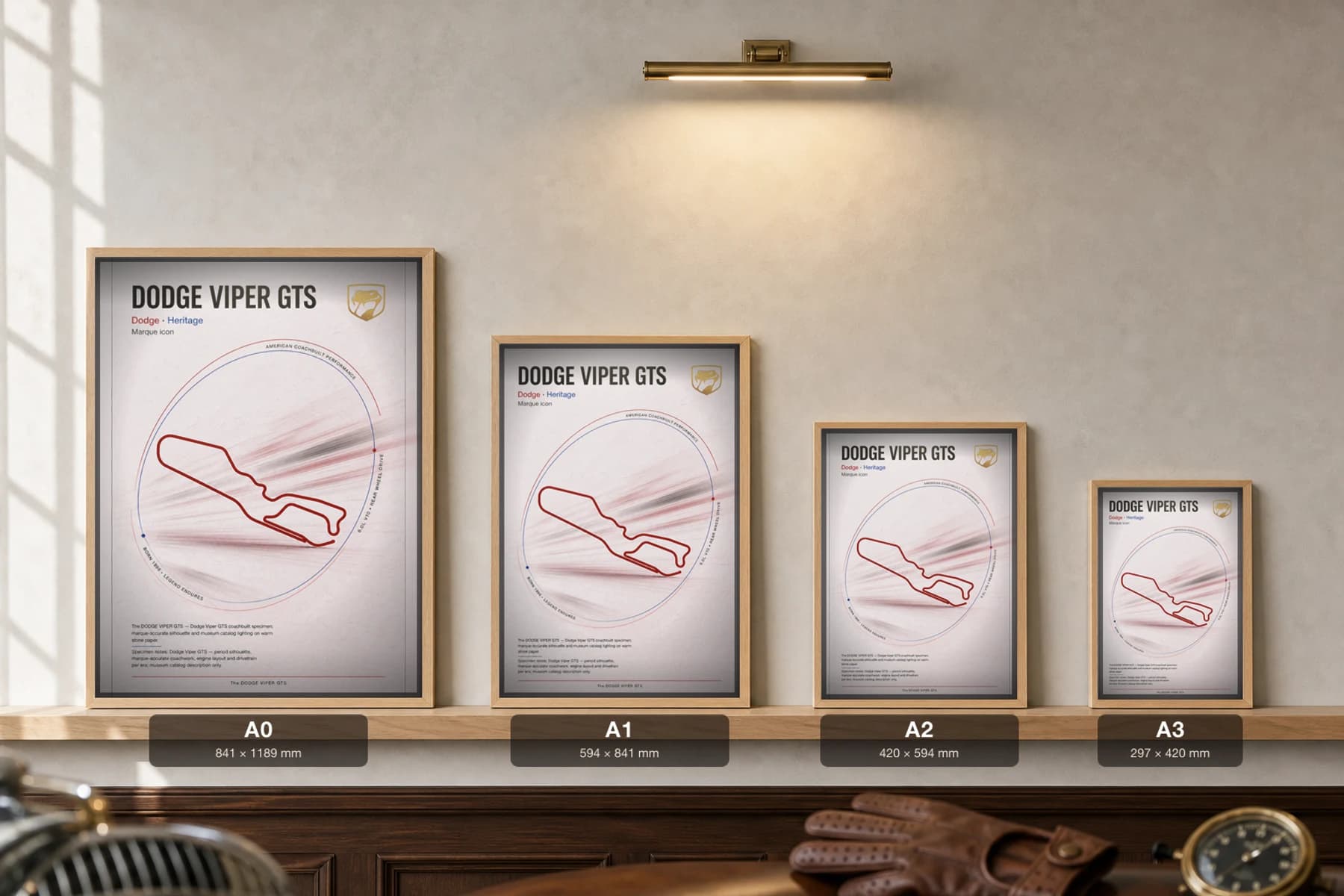Dodge Viper GTS 1996 Poster — 8.0L V10 coachbuilt supercar wall art · framed A2 · garage decor — print size guide showing the artwork at A0, A1, A2 and A3 in natural-oak frames at true relative scale
