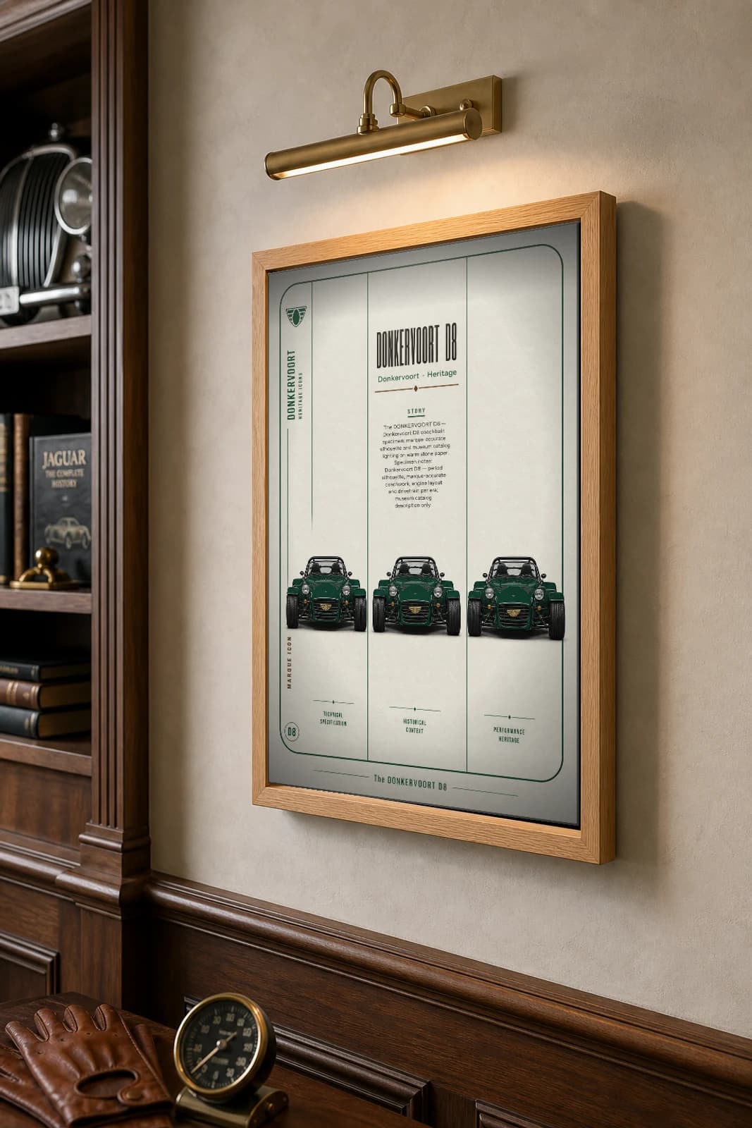 Donkervoort D8 Poster — Dutch Lotus Seven-derived track roadster wall art · framed A2 · collector decor — the framed print shown at a three-quarter angle on a styled gallery wall in a natural-oak frame