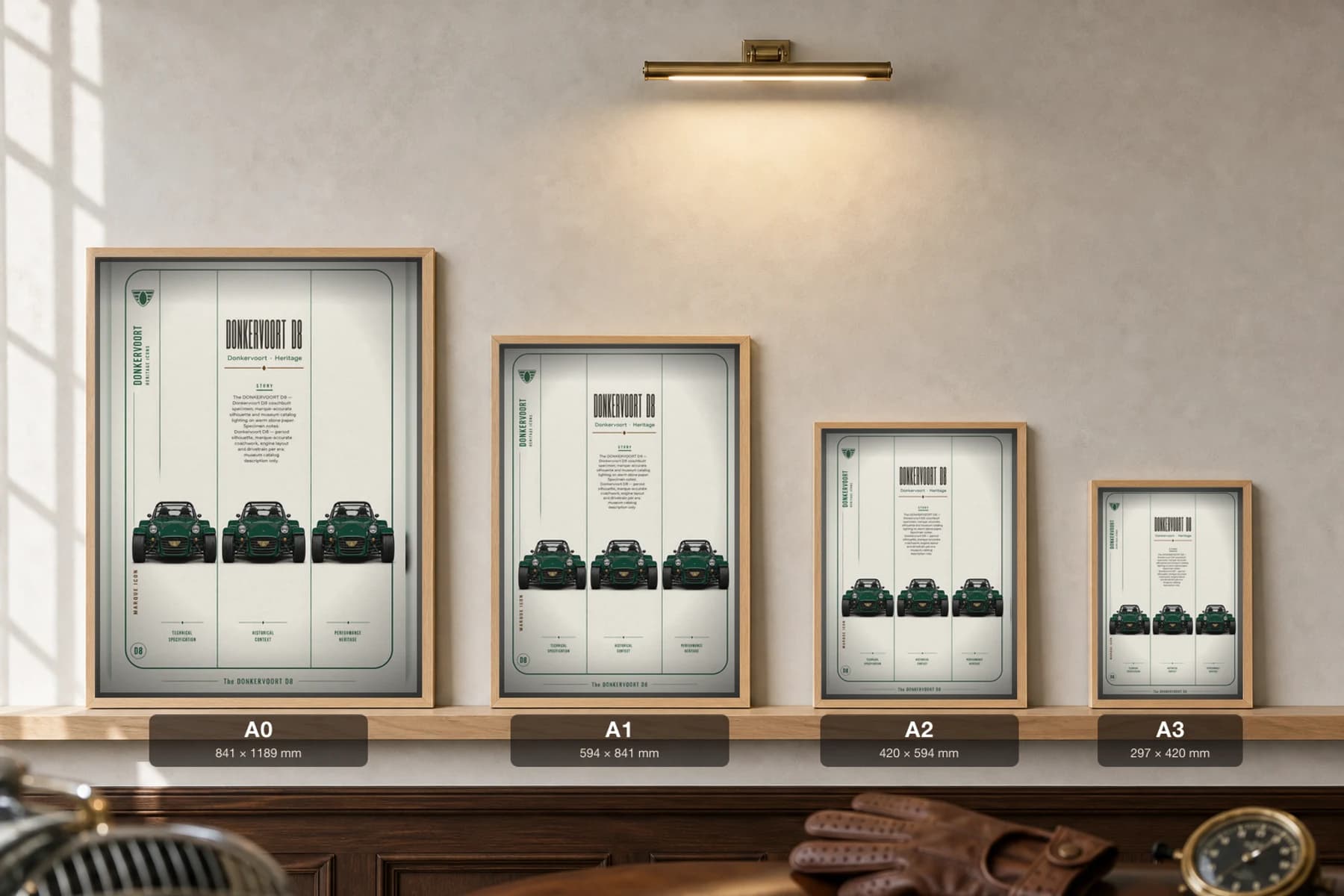 Donkervoort D8 Poster — Dutch Lotus Seven-derived track roadster wall art · framed A2 · collector decor — print size guide showing the artwork at A0, A1, A2 and A3 in natural-oak frames at true relative scale
