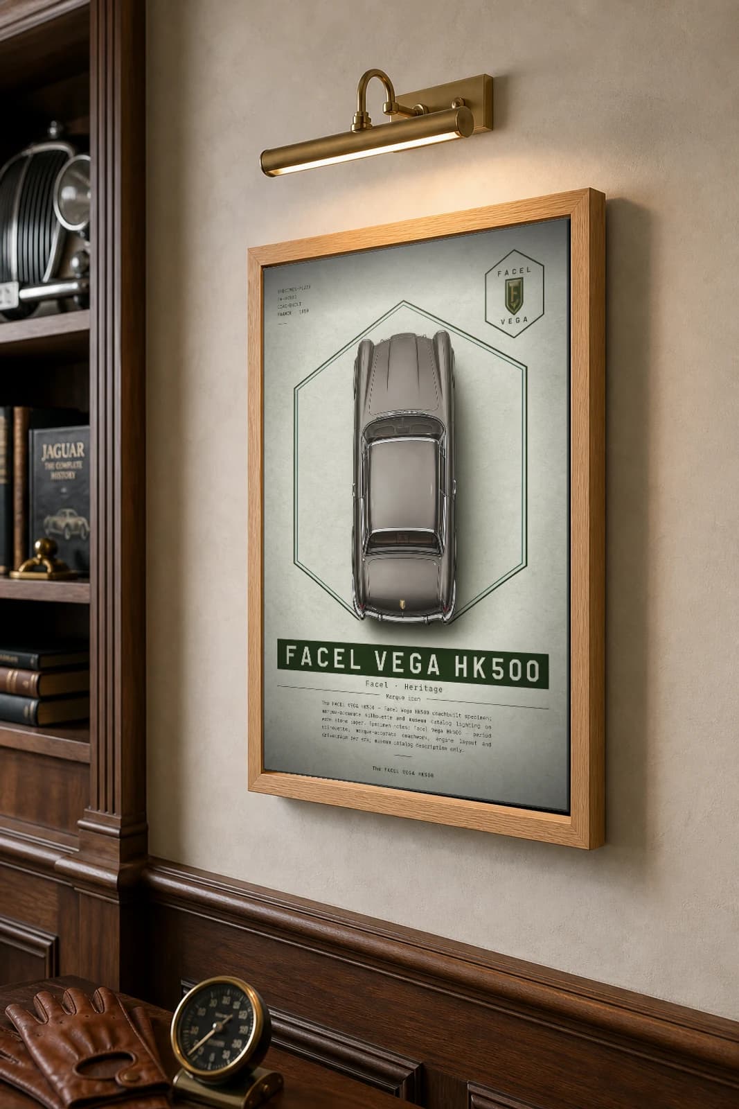 Facel Vega HK500 1959 Poster — French coachbuilt GT grand touring wall art · framed A2 · collector decor — the framed print shown at a three-quarter angle on a styled gallery wall in a natural-oak frame