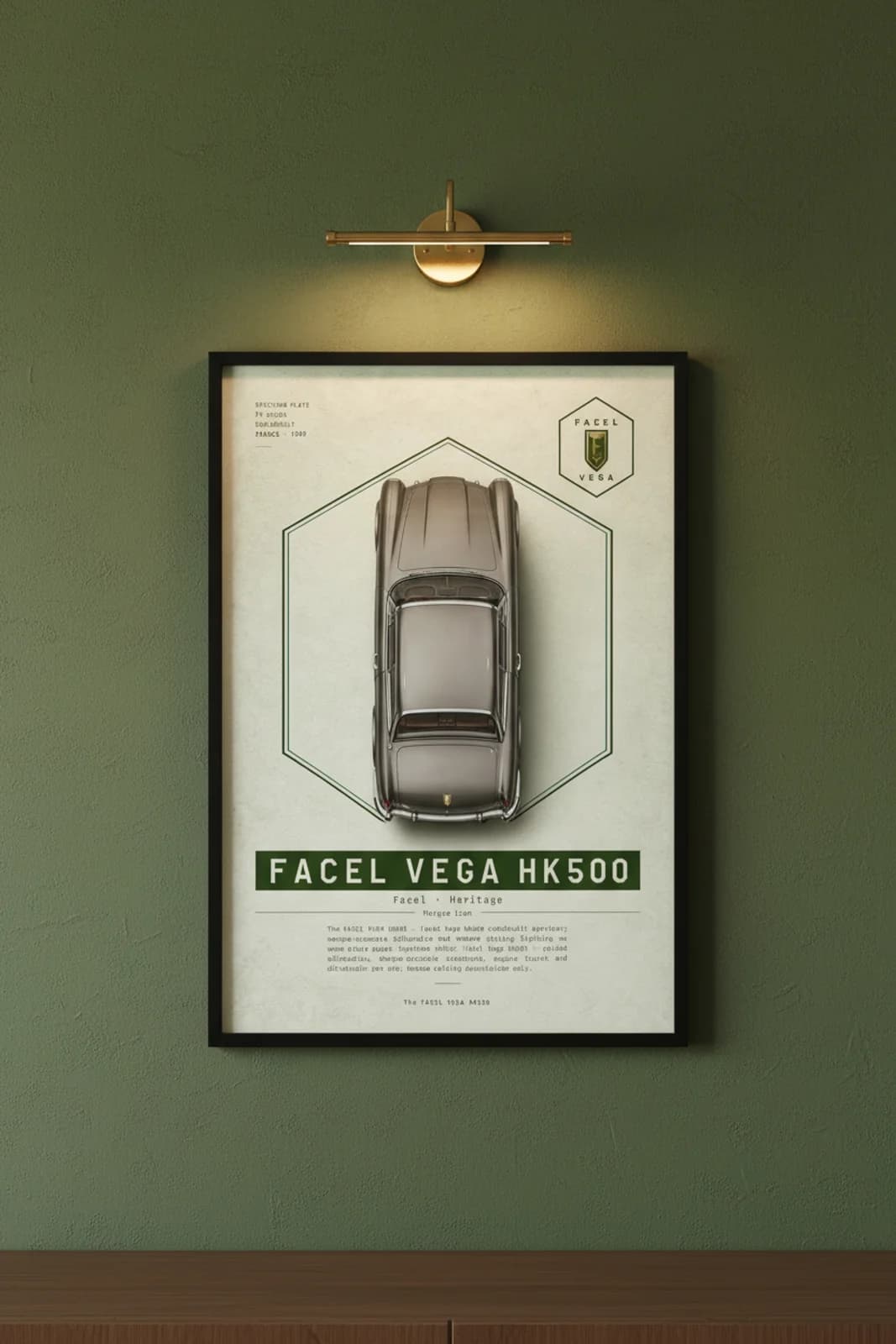 Facel Vega HK500 poster in black A2 frame on dark-green-banner lime-wash wall — Heritage Icons collector lounge mockup
