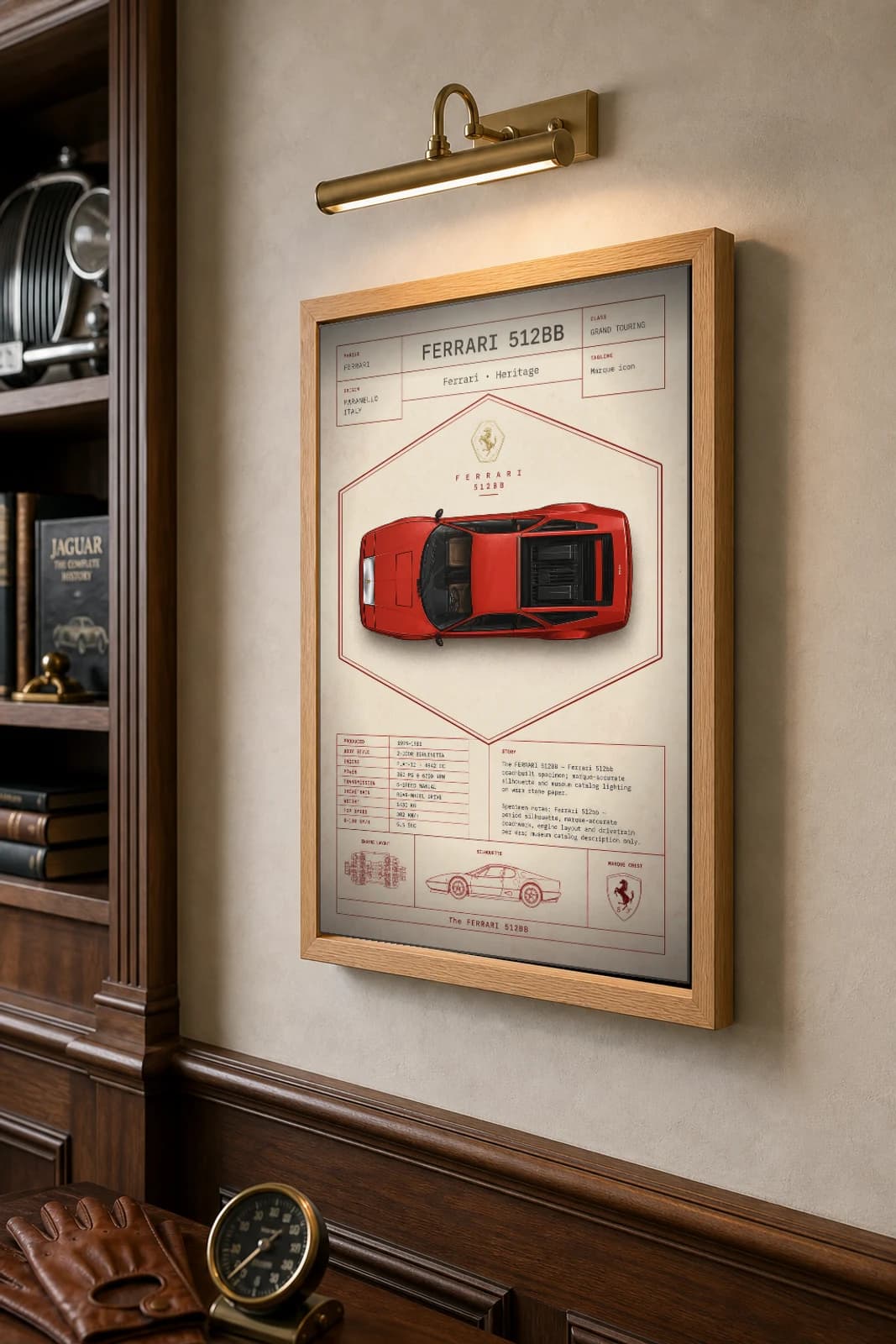 Ferrari 512BB 1976 Poster — flat-12 Berlinetta Boxer mid-engine supercar wall art · framed A2 · collector decor — the framed print shown at a three-quarter angle on a styled gallery wall in a natural-oak frame