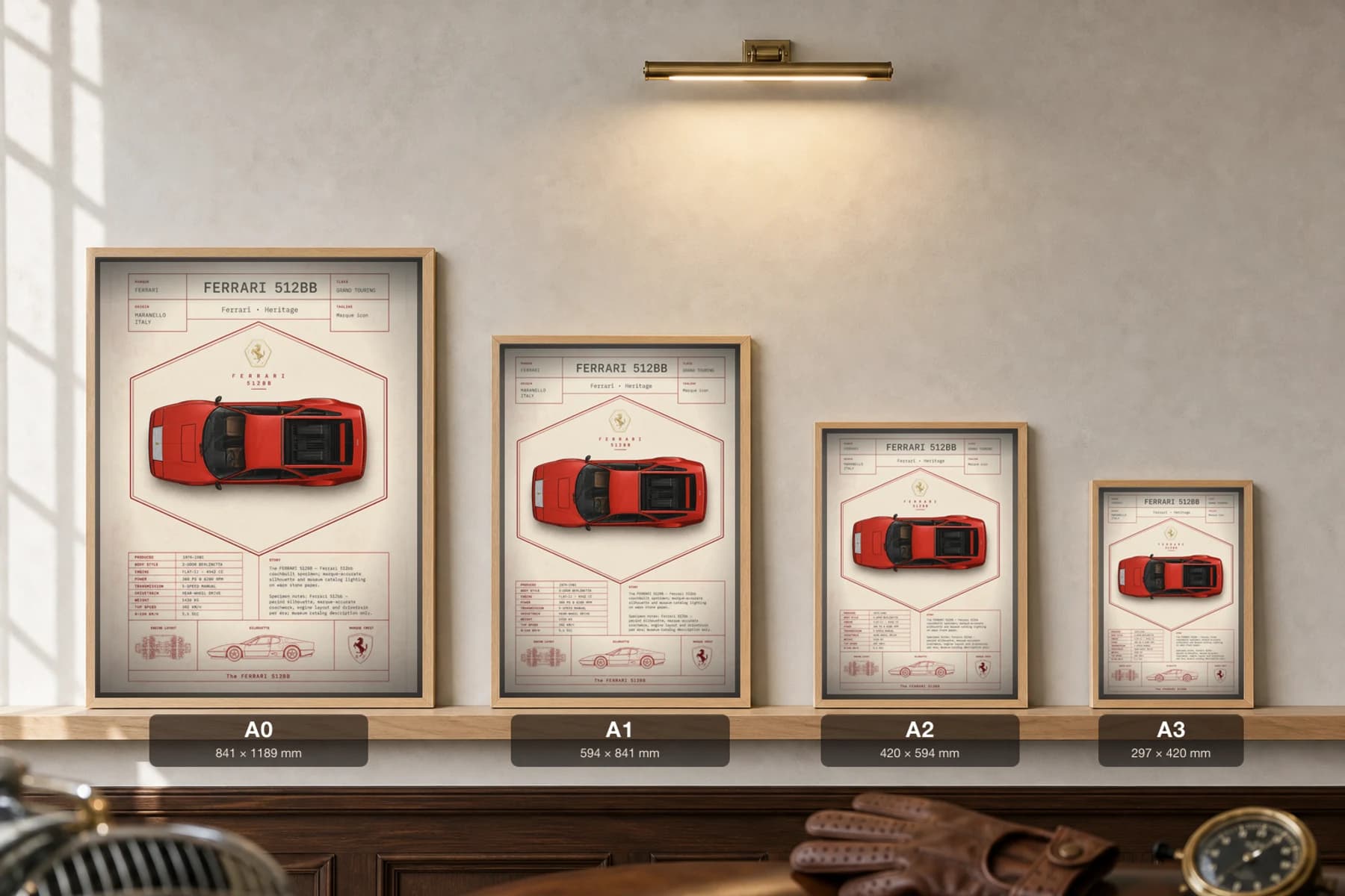 Ferrari 512BB 1976 Poster — flat-12 Berlinetta Boxer mid-engine supercar wall art · framed A2 · collector decor — print size guide showing the artwork at A0, A1, A2 and A3 in natural-oak frames at true relative scale