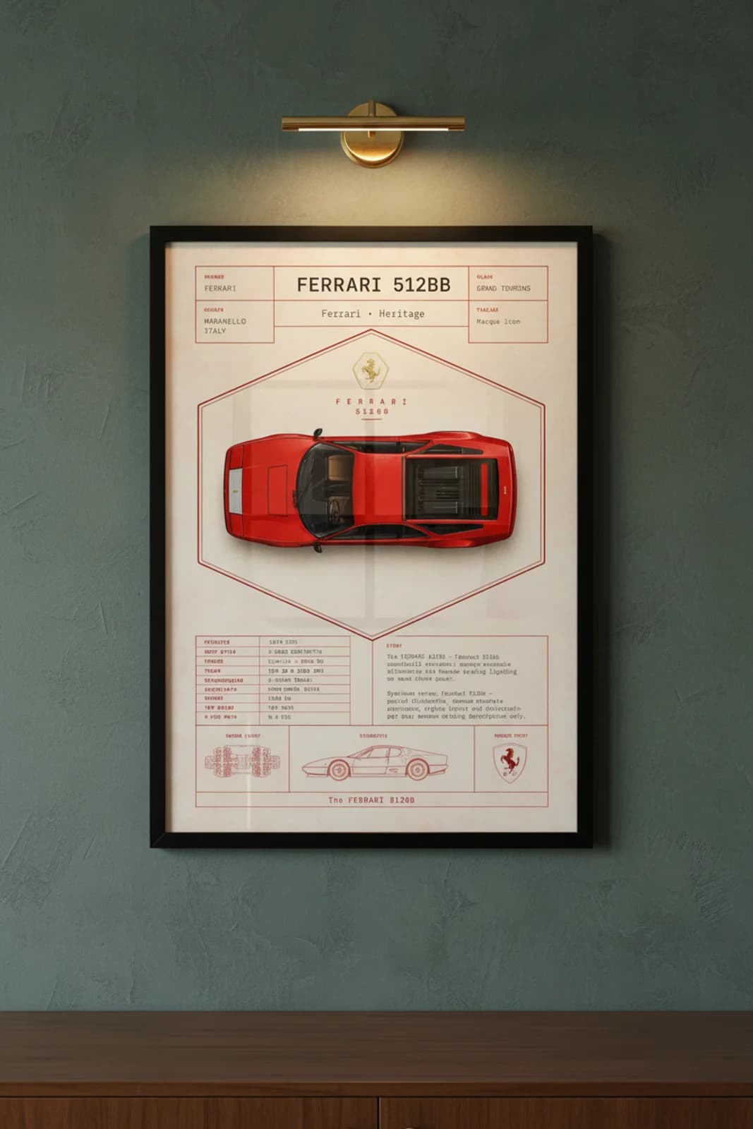 Ferrari 512BB poster in black A2 frame on dark-spec-header-grid lime-wash wall — Heritage Icons collector lounge mockup