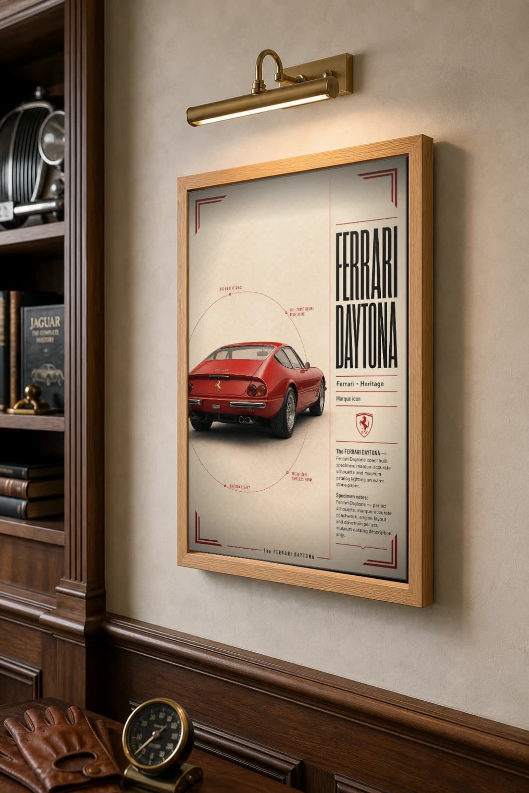 Ferrari 365 GTB/4 Daytona 1968 Poster — V12 front-engine grand touring supercar wall art · framed A2 · collector decor — the framed print shown at a three-quarter angle on a styled gallery wall in a natural-oak frame