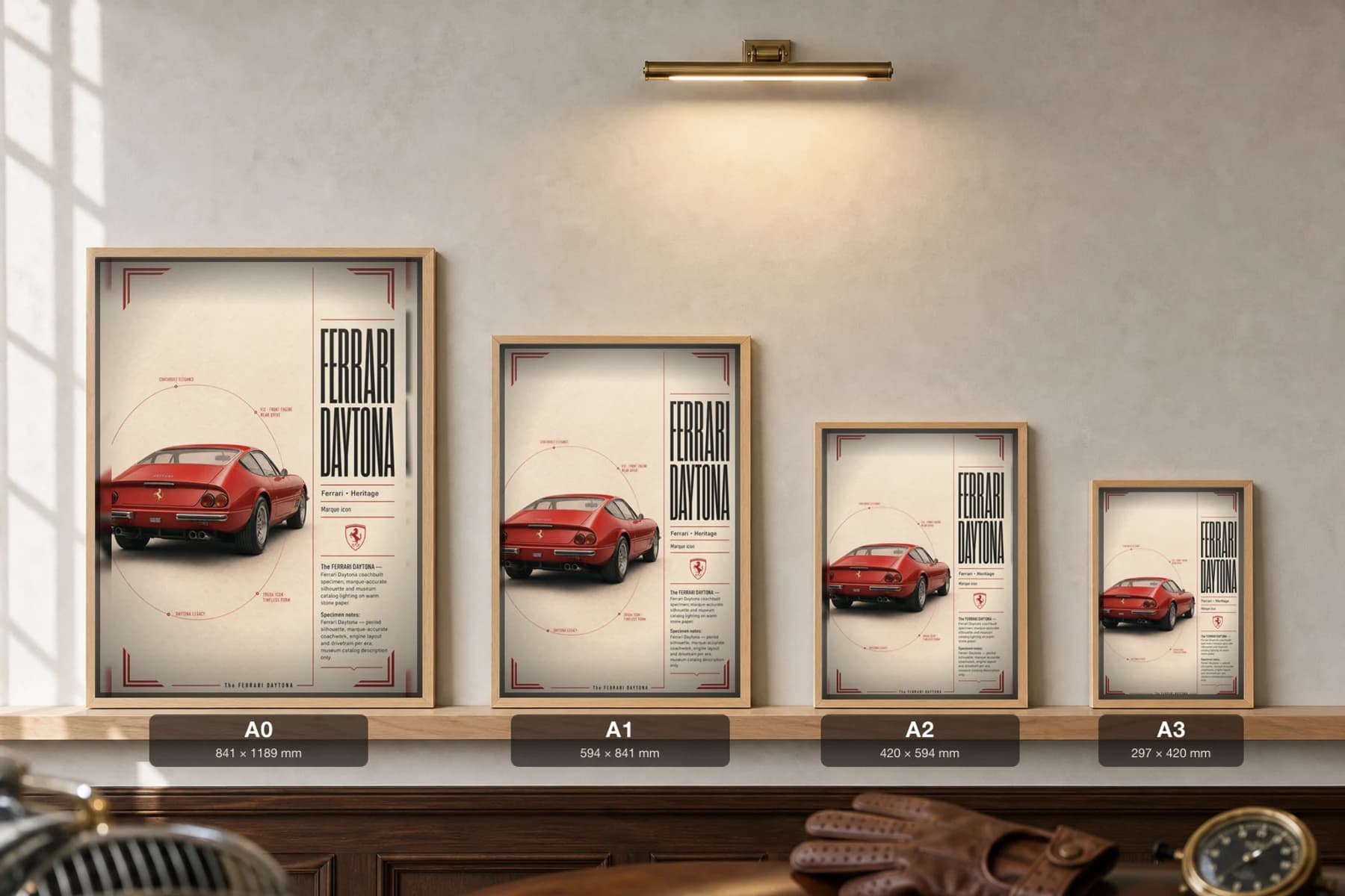 Ferrari 365 GTB/4 Daytona 1968 Poster — V12 front-engine grand touring supercar wall art · framed A2 · collector decor — print size guide showing the artwork at A0, A1, A2 and A3 in natural-oak frames at true relative scale