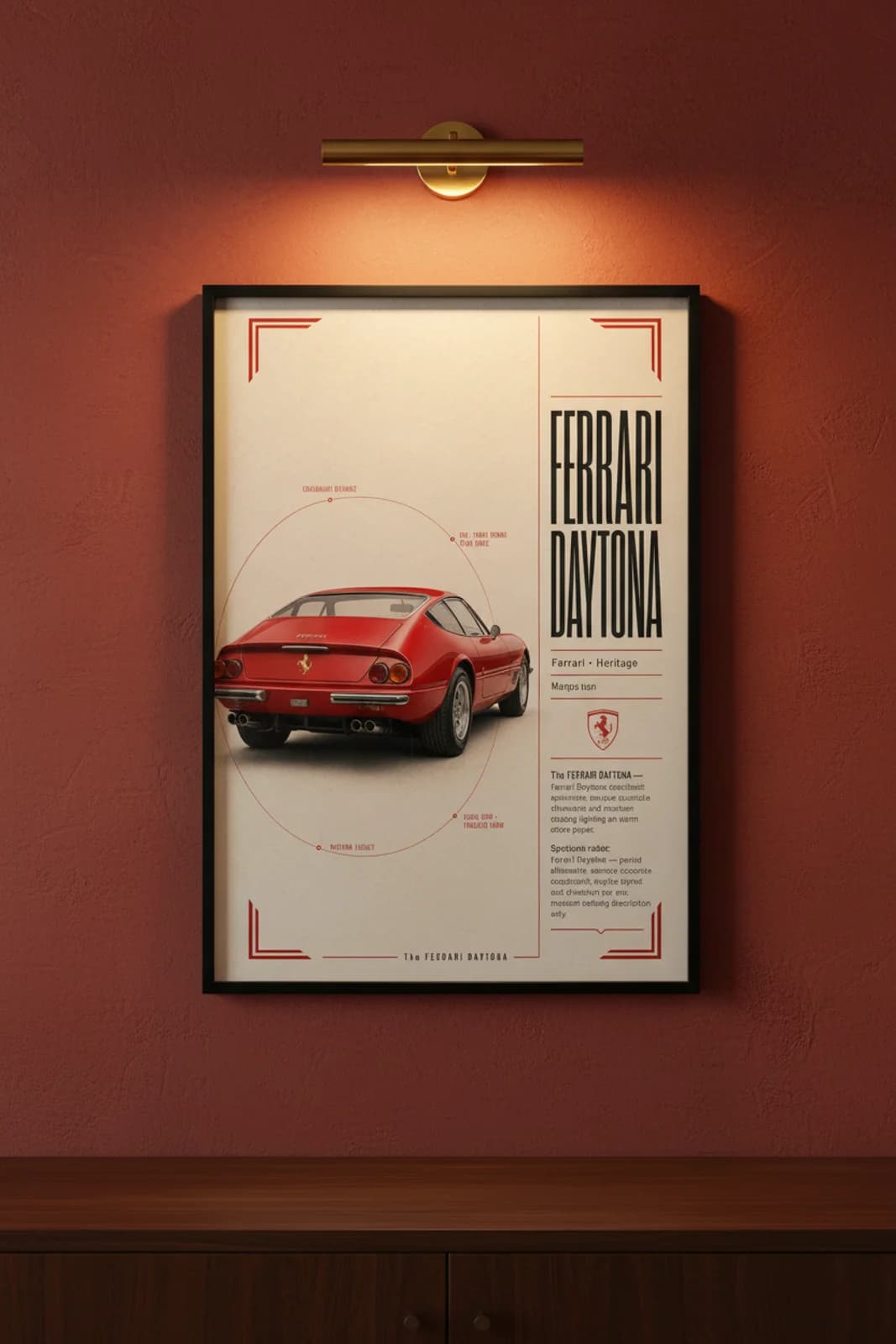 Ferrari Daytona poster in black A2 frame on rosso-red-body lime-wash wall — Heritage Icons collector lounge mockup