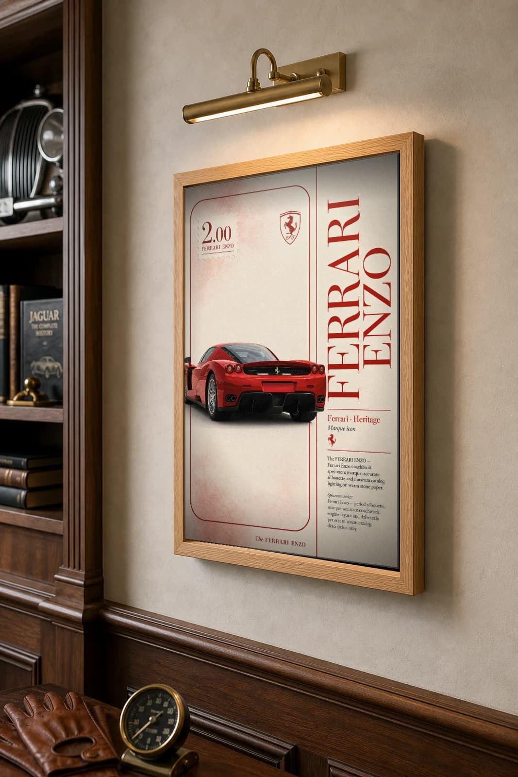 Ferrari Enzo 2002 Poster — F1-derived hypercar rear three-quarter wall art · framed A2 · collector decor — the framed print shown at a three-quarter angle on a styled gallery wall in a natural-oak frame