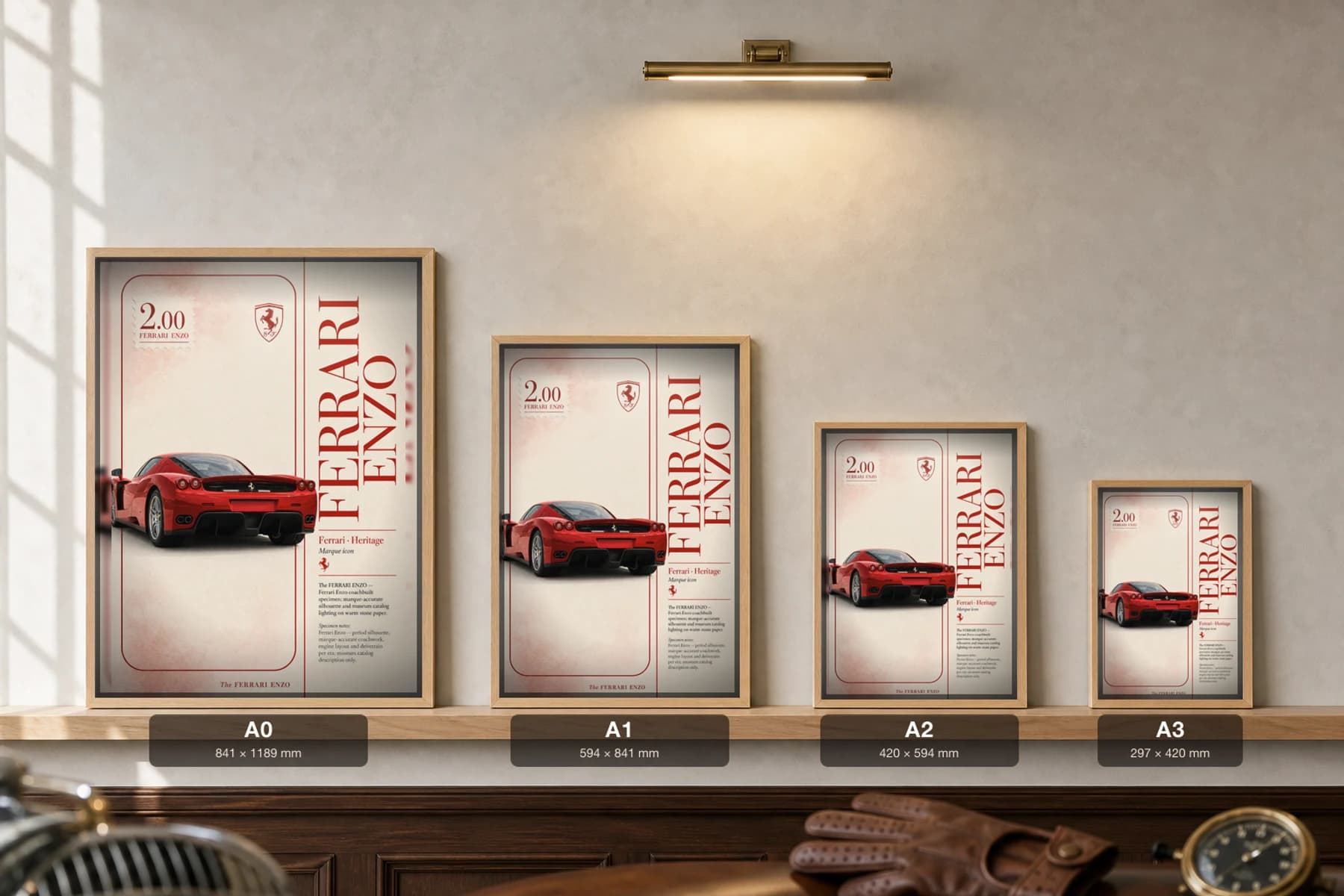 Ferrari Enzo 2002 Poster — F1-derived hypercar rear three-quarter wall art · framed A2 · collector decor — print size guide showing the artwork at A0, A1, A2 and A3 in natural-oak frames at true relative scale