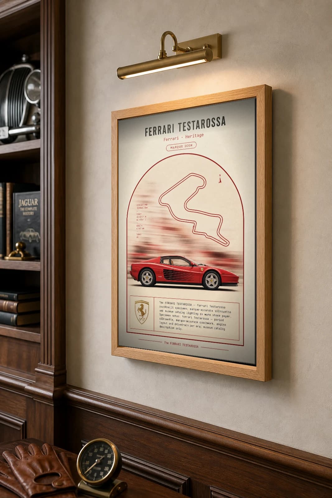 Ferrari Testarossa 1984 Poster — flat-12 supercar Mugello circuit wall art · framed A2 · collector decor — the framed print shown at a three-quarter angle on a styled gallery wall in a natural-oak frame