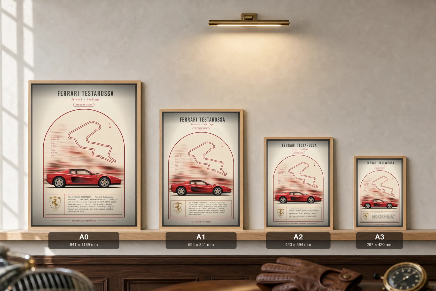 Ferrari Testarossa 1984 Poster — flat-12 supercar Mugello circuit wall art · framed A2 · collector decor — print size guide showing the artwork at A0, A1, A2 and A3 in natural-oak frames at true relative scale
