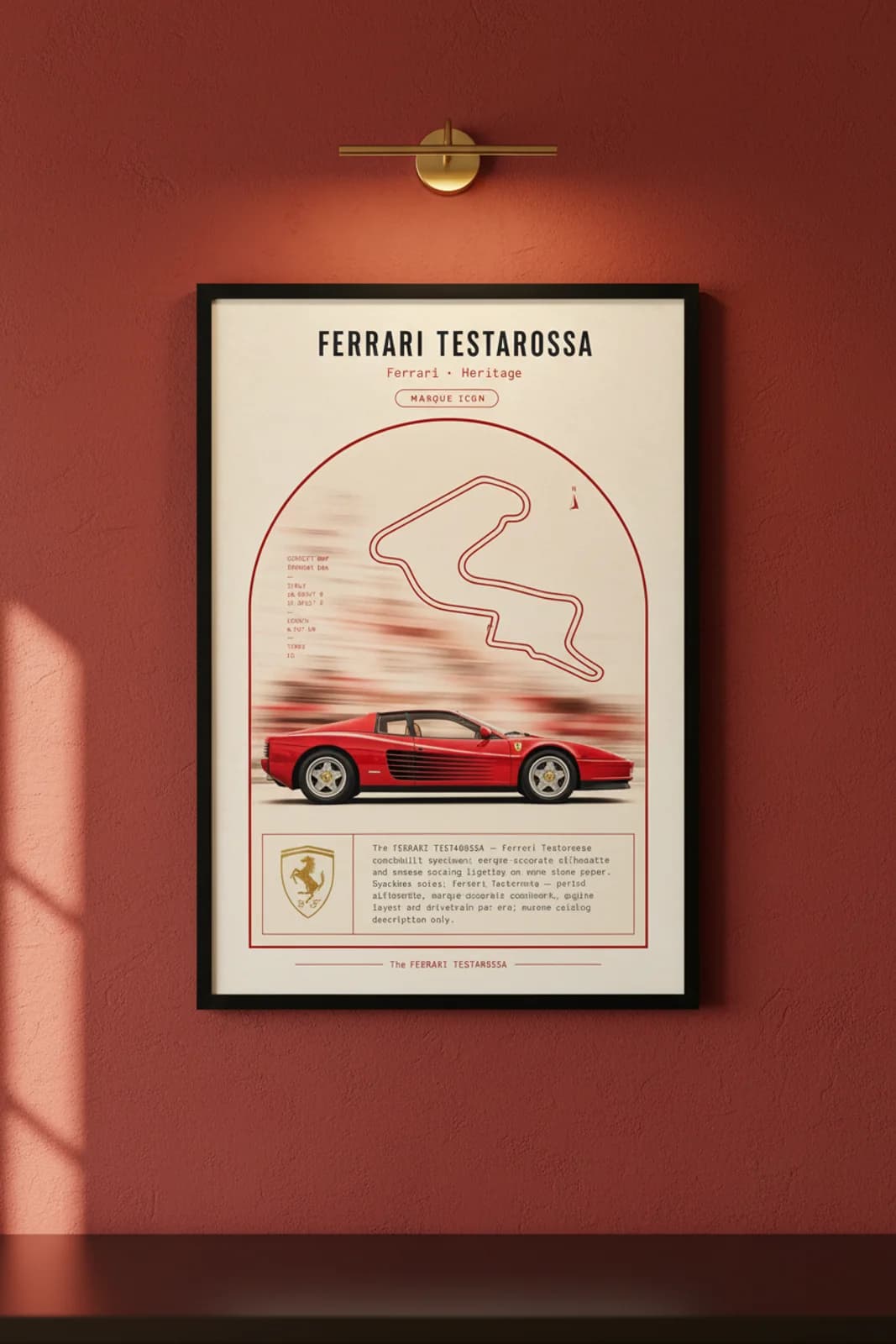 Ferrari Testarossa poster in black A2 frame on rosso-red-body lime-wash wall — Heritage Icons collector lounge mockup