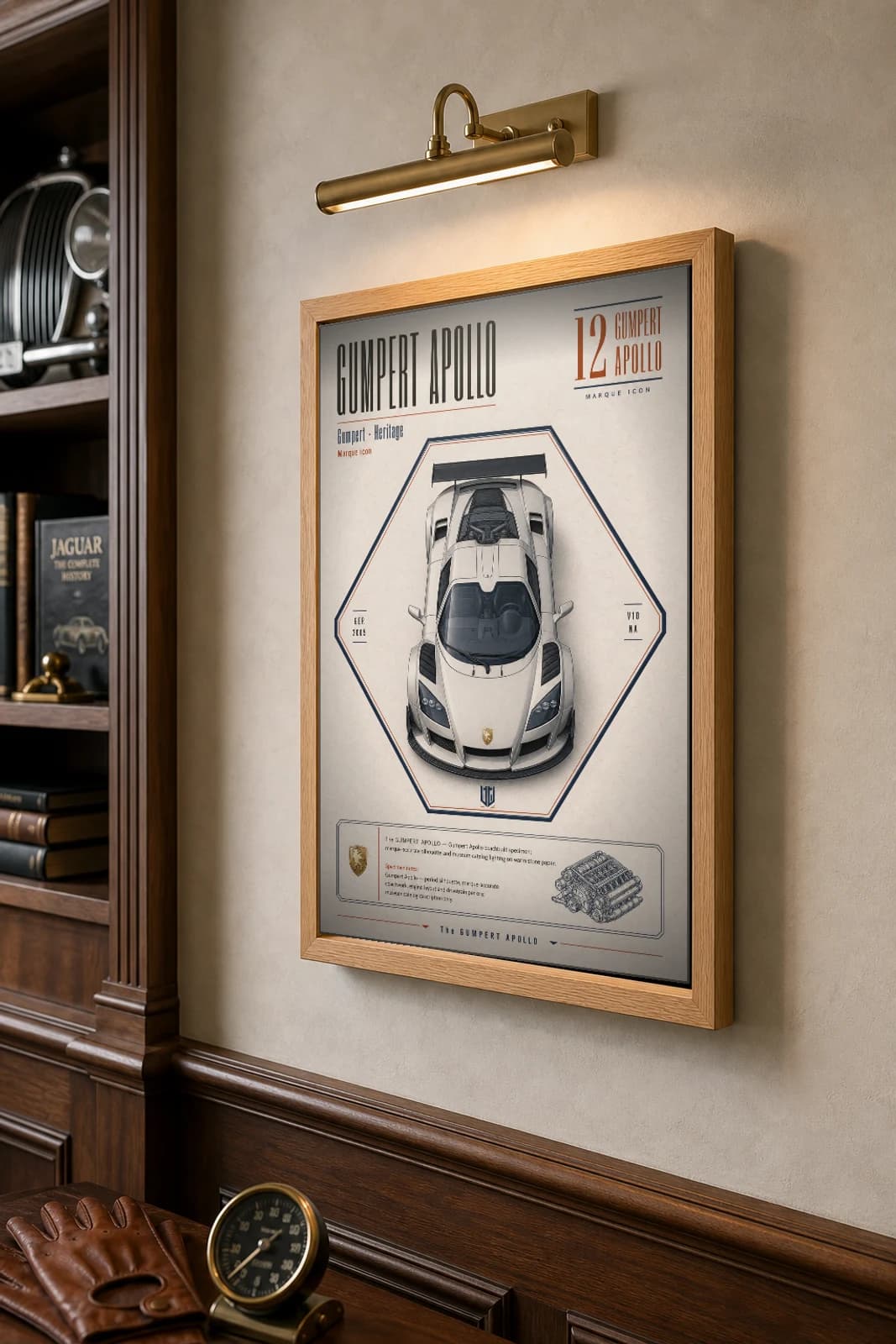 Gumpert Apollo 2005 Poster — German Audi V8 track hypercar overhead plan view wall art · framed A2 · collector decor — the framed print shown at a three-quarter angle on a styled gallery wall in a natural-oak frame