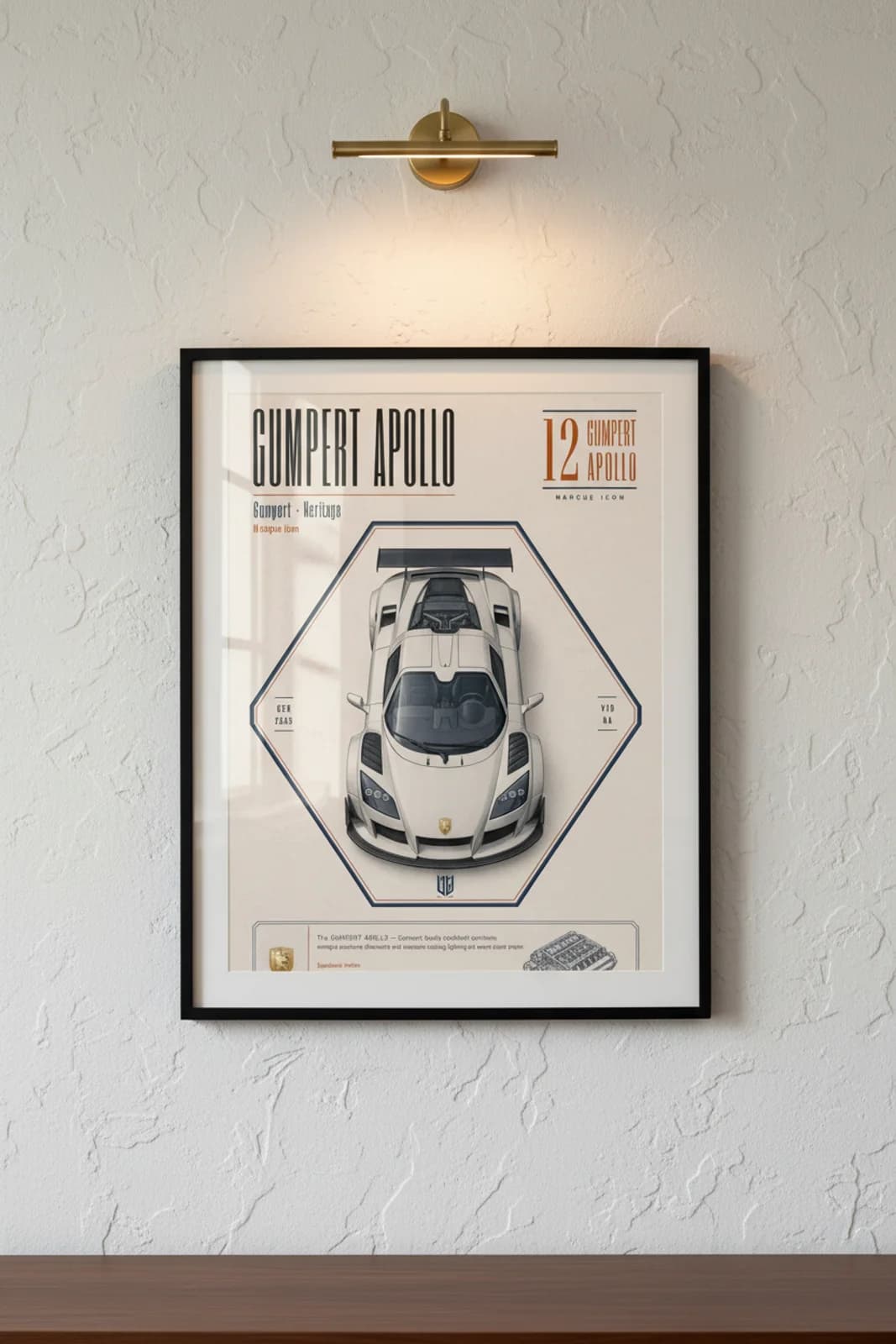 Gumpert Apollo poster in black A2 frame on white-body lime-wash wall — Heritage Icons collector lounge mockup