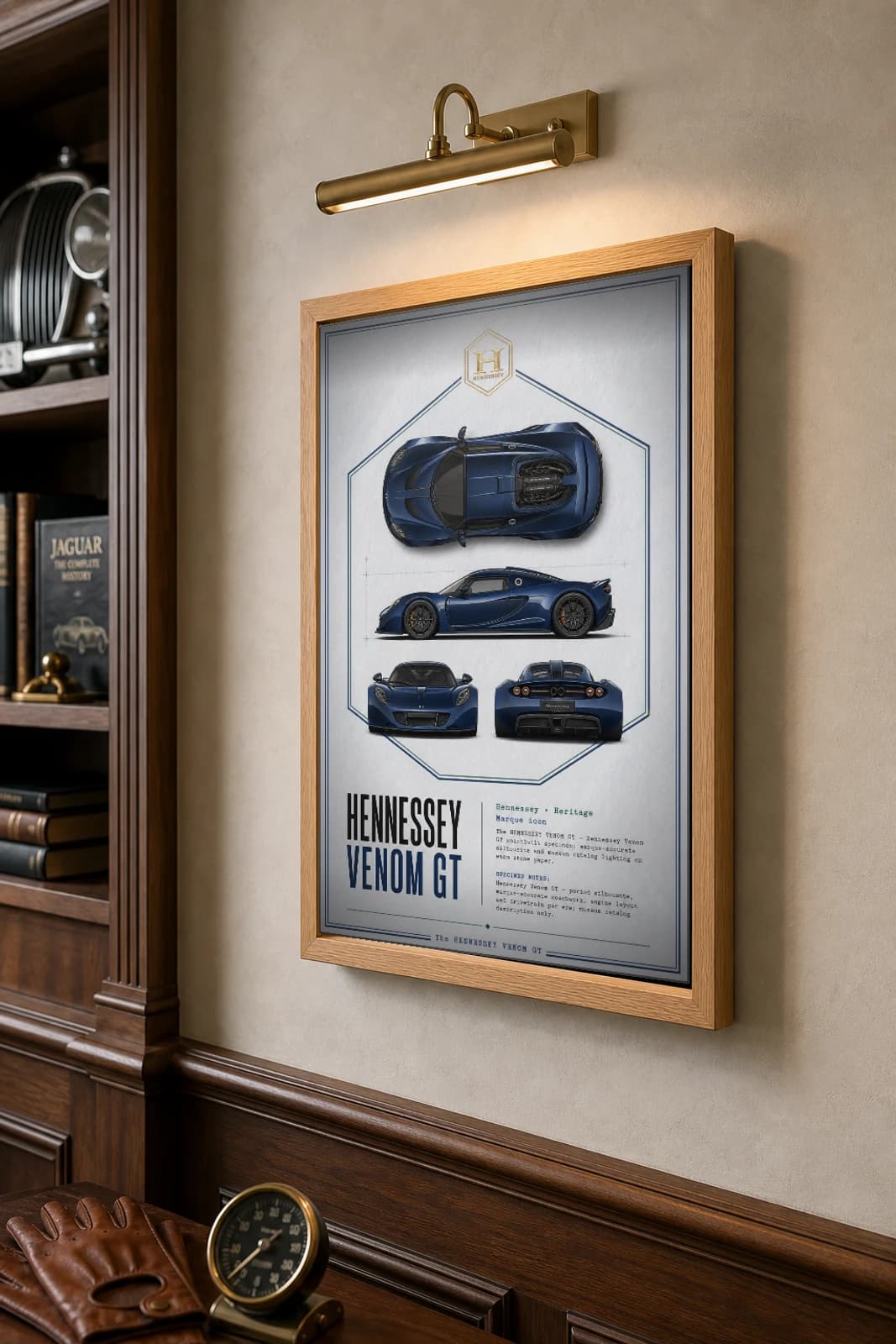 Hennessey Venom GT 2012 Poster — 1,244 HP American hypercar four-view wall art · framed A2 · collector decor — the framed print shown at a three-quarter angle on a styled gallery wall in a natural-oak frame