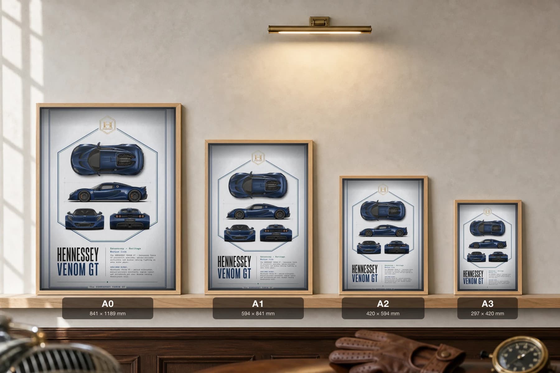 Hennessey Venom GT 2012 Poster — 1,244 HP American hypercar four-view wall art · framed A2 · collector decor — print size guide showing the artwork at A0, A1, A2 and A3 in natural-oak frames at true relative scale