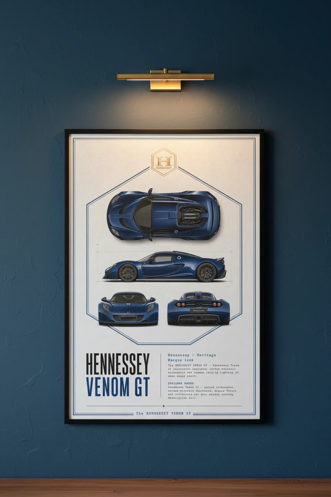 Hennessey Venom GT poster in black A2 frame on deep-cobalt-blue-body lime-wash wall — Heritage Icons collector lounge mockup
