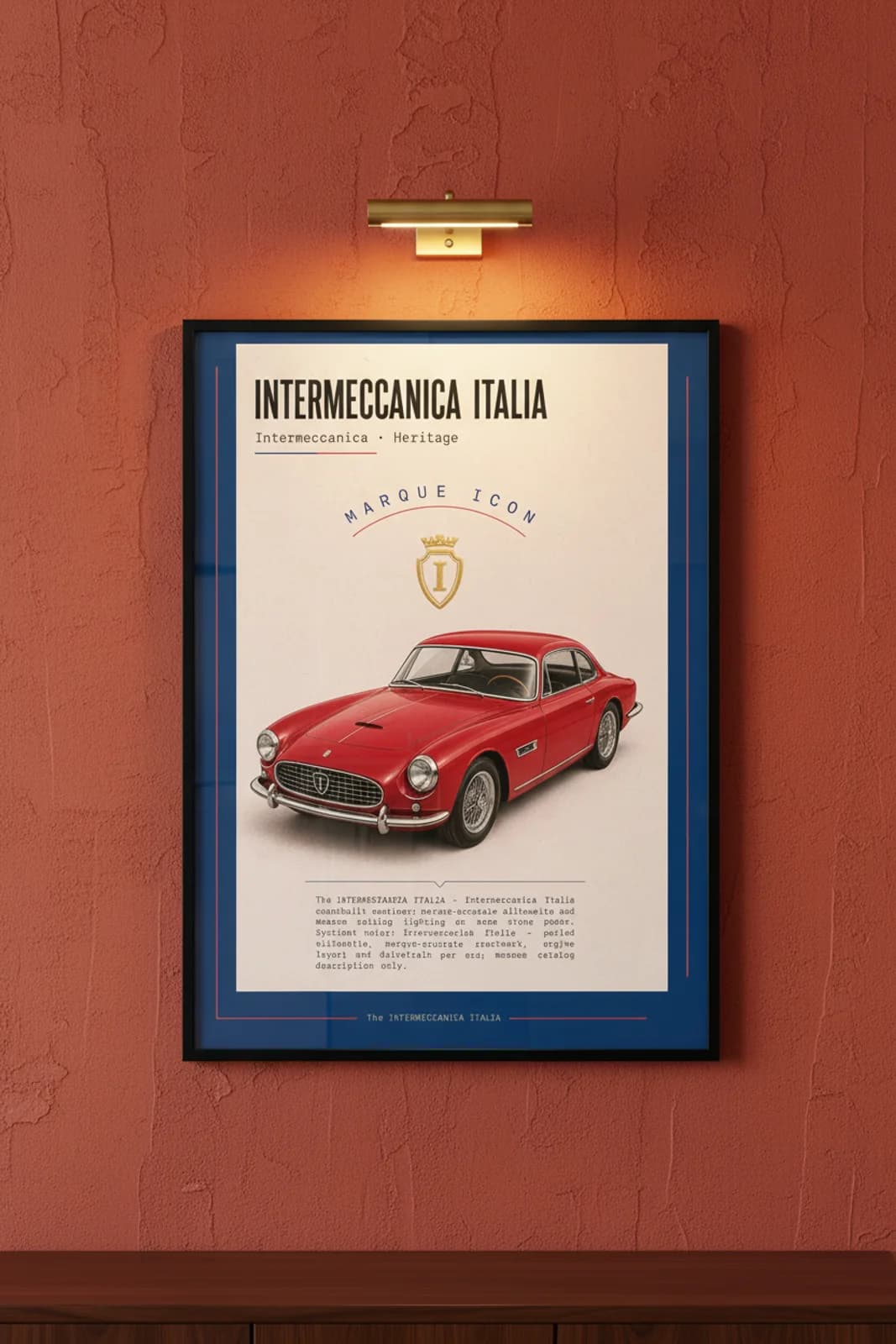 Italia poster in black A2 frame on rosso-red lime-wash wall — Heritage Icons collector lounge mockup