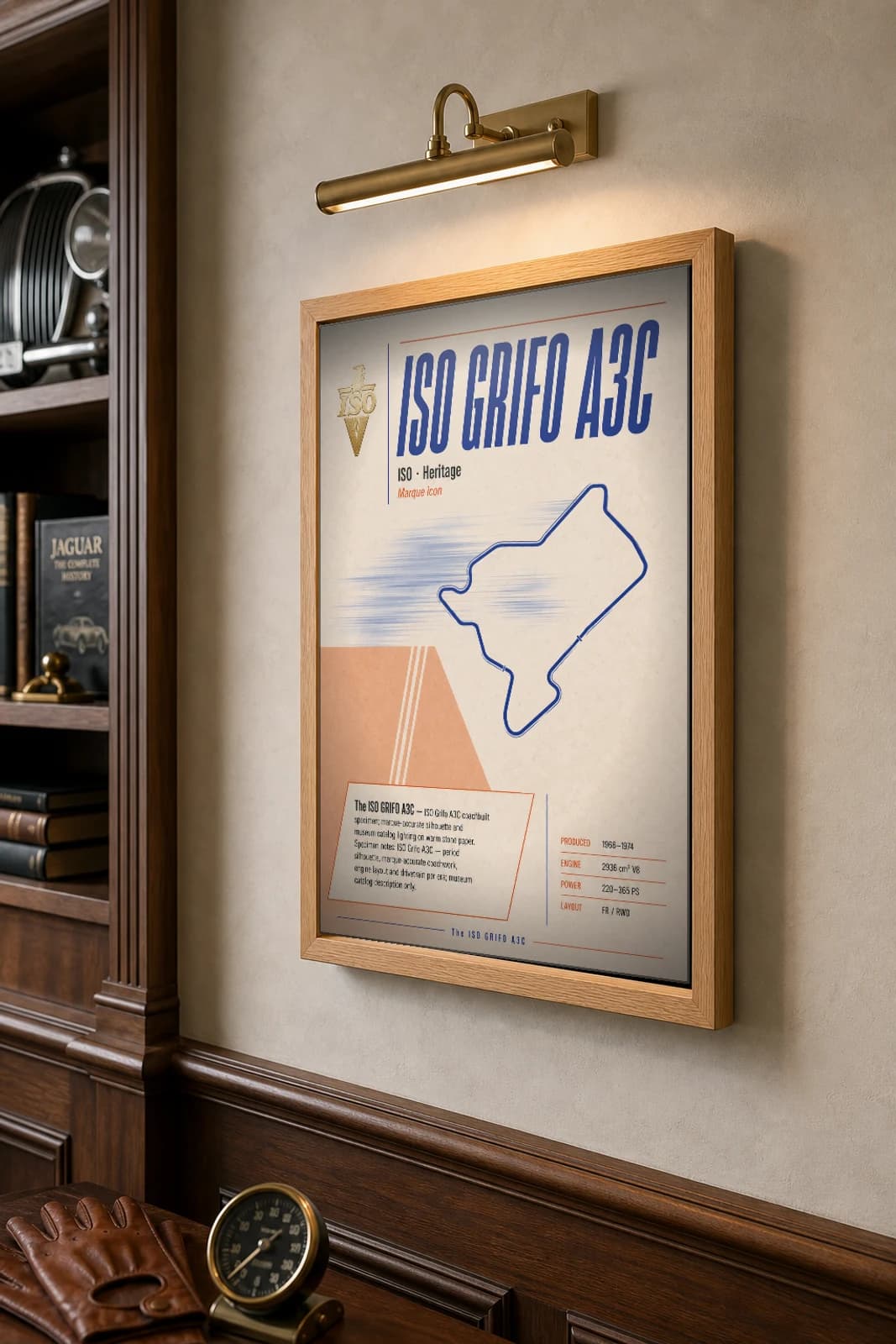 Iso Grifo A3C Poster — 1966 grand tourer wall art · framed A2 · garage decor — the framed print shown at a three-quarter angle on a styled gallery wall in a natural-oak frame