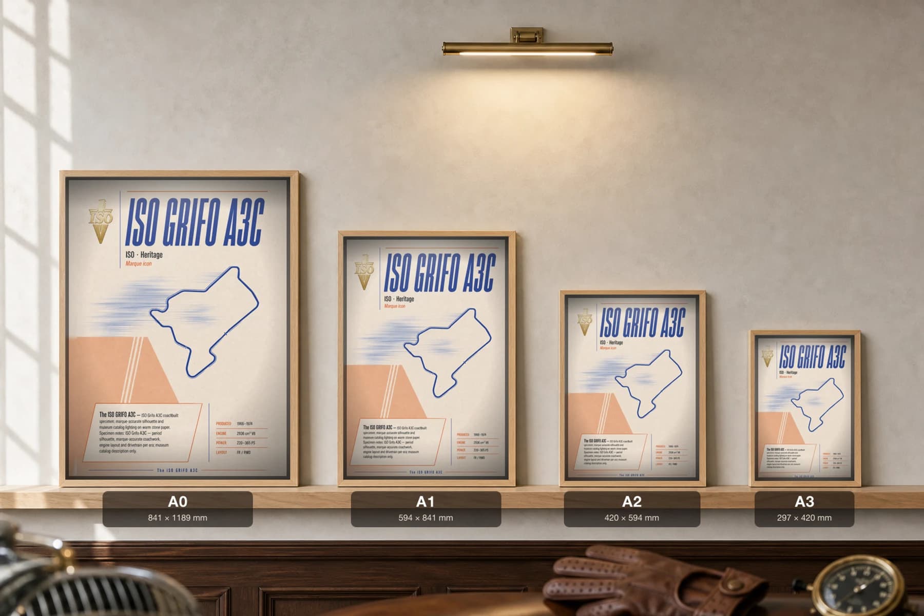 Iso Grifo A3C Poster — 1966 grand tourer wall art · framed A2 · garage decor — print size guide showing the artwork at A0, A1, A2 and A3 in natural-oak frames at true relative scale