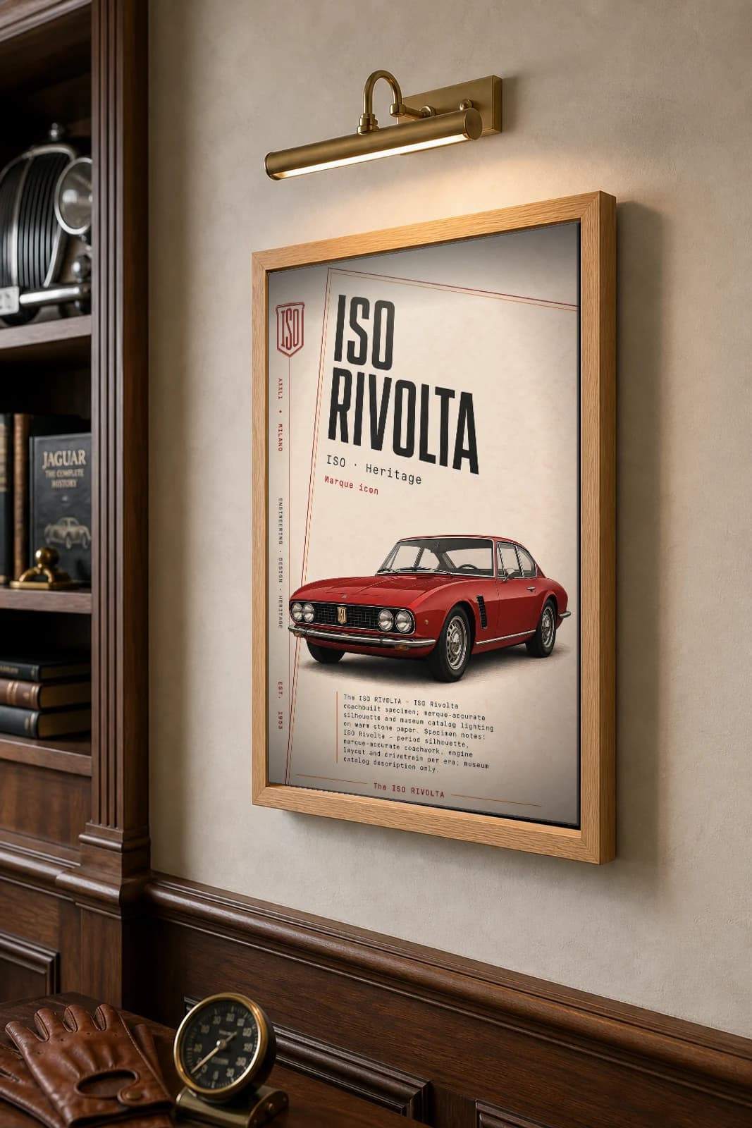 Iso Rivolta Poster — 1963 grand tourer wall art · framed A2 · garage decor — the framed print shown at a three-quarter angle on a styled gallery wall in a natural-oak frame