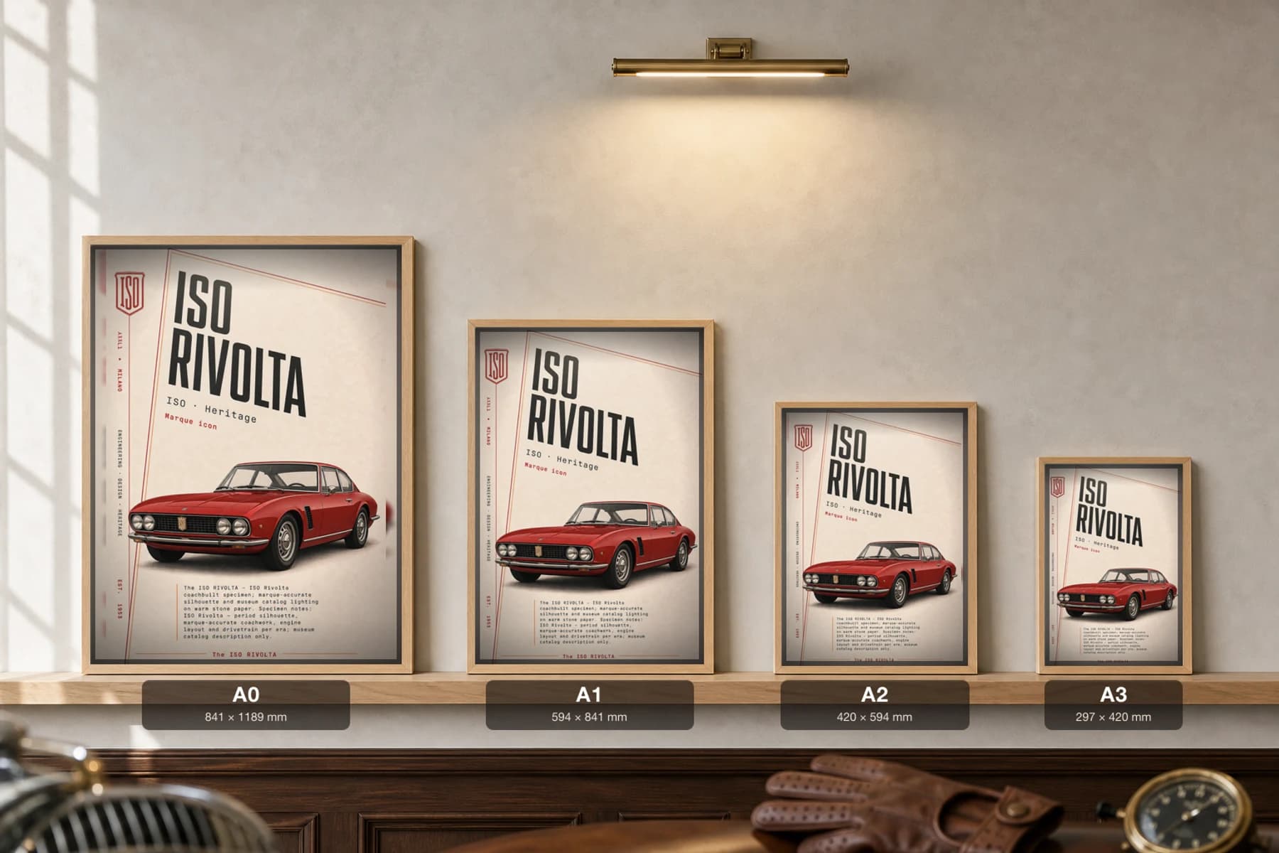 Iso Rivolta Poster — 1963 grand tourer wall art · framed A2 · garage decor — print size guide showing the artwork at A0, A1, A2 and A3 in natural-oak frames at true relative scale