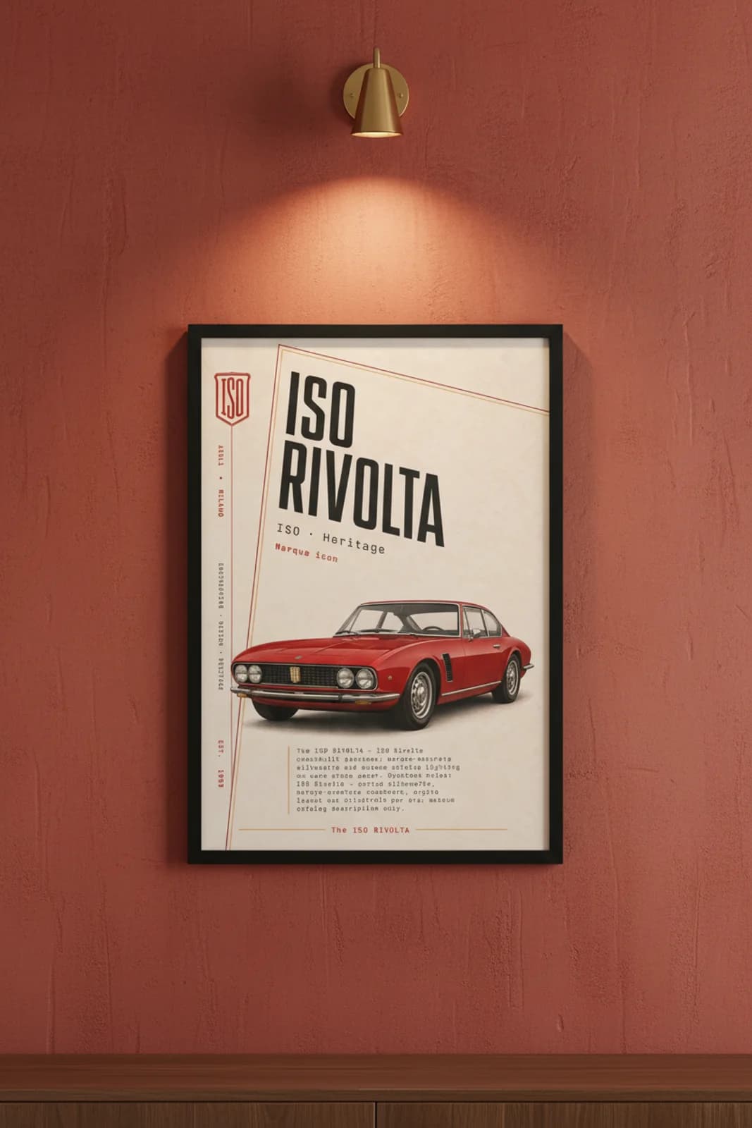 Rivolta poster in black A2 frame on rosso-red lime-wash wall — Heritage Icons collector lounge mockup