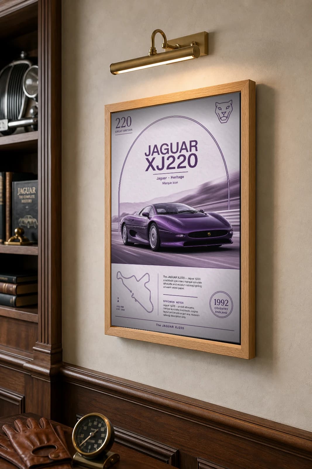 Jaguar XJ220 Poster — 1992 supercar wall art · framed A2 · garage decor — the framed print shown at a three-quarter angle on a styled gallery wall in a natural-oak frame