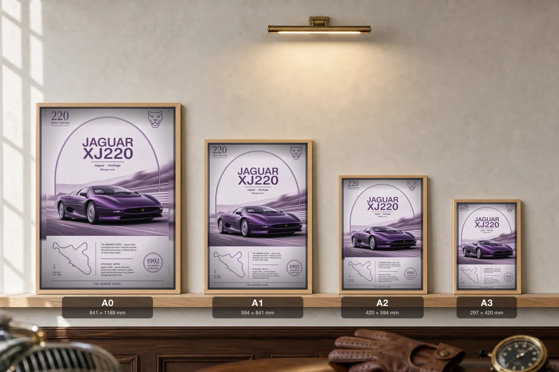 Jaguar XJ220 Poster — 1992 supercar wall art · framed A2 · garage decor — print size guide showing the artwork at A0, A1, A2 and A3 in natural-oak frames at true relative scale