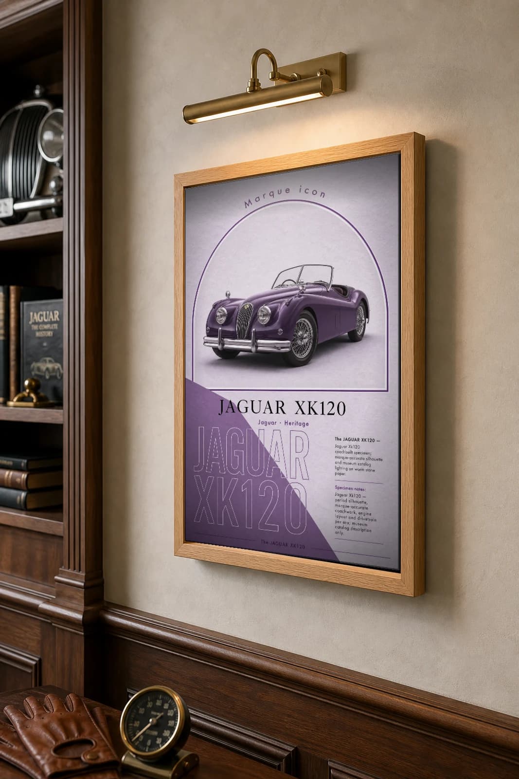 Jaguar XK120 Poster — 1948 roadster wall art · framed A2 · garage decor — the framed print shown at a three-quarter angle on a styled gallery wall in a natural-oak frame