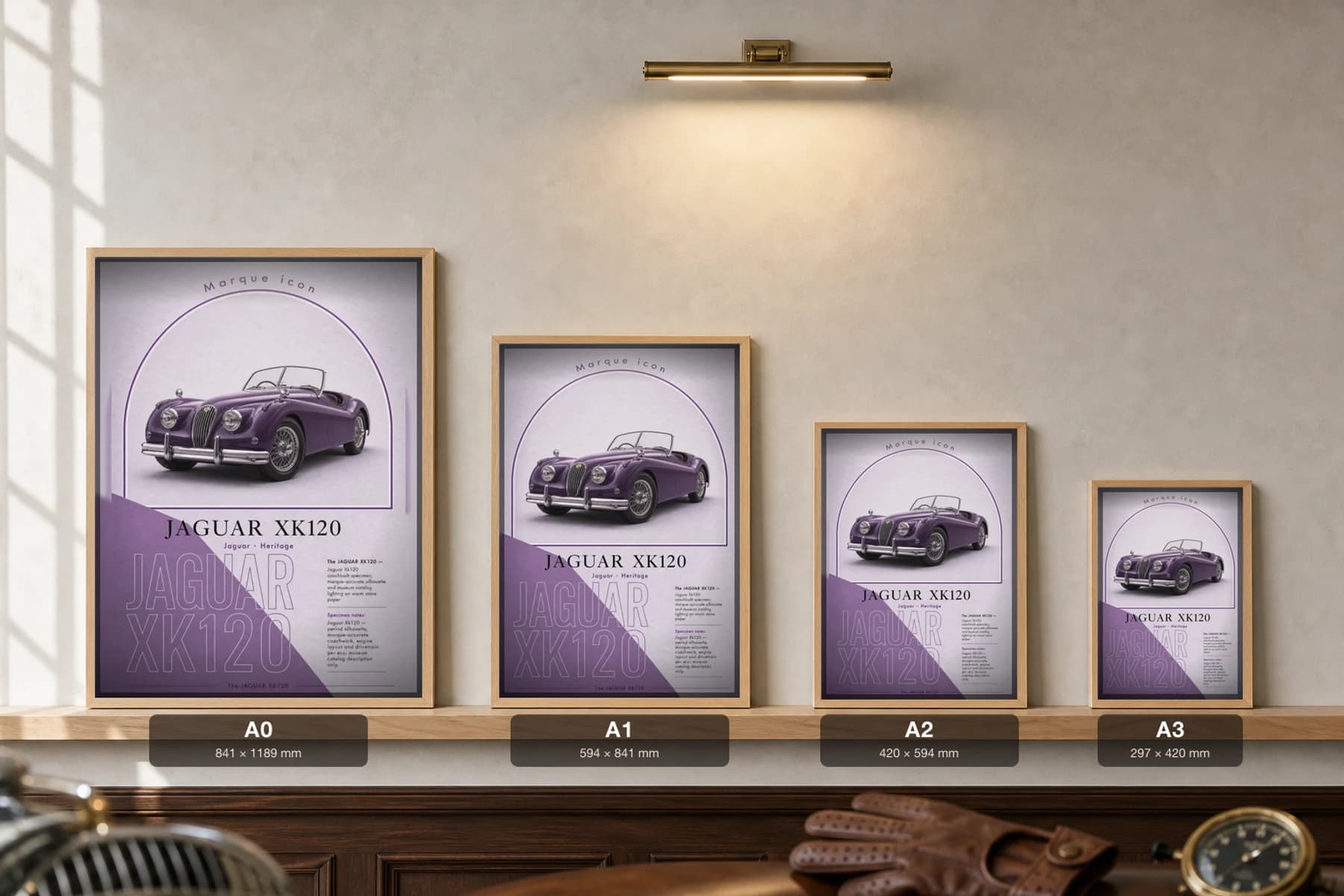 Jaguar XK120 Poster — 1948 roadster wall art · framed A2 · garage decor — print size guide showing the artwork at A0, A1, A2 and A3 in natural-oak frames at true relative scale